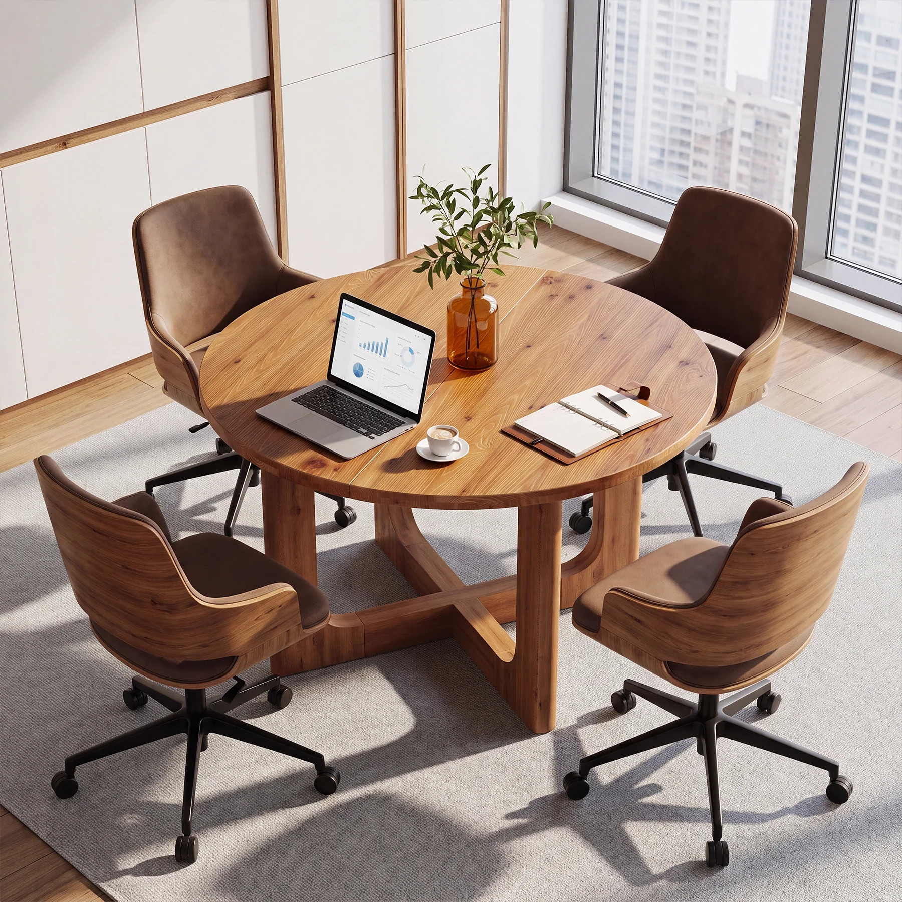 Round Solid Wood Conference Table, 39.4" Meeting Table with Cross Base for Office - Image 4