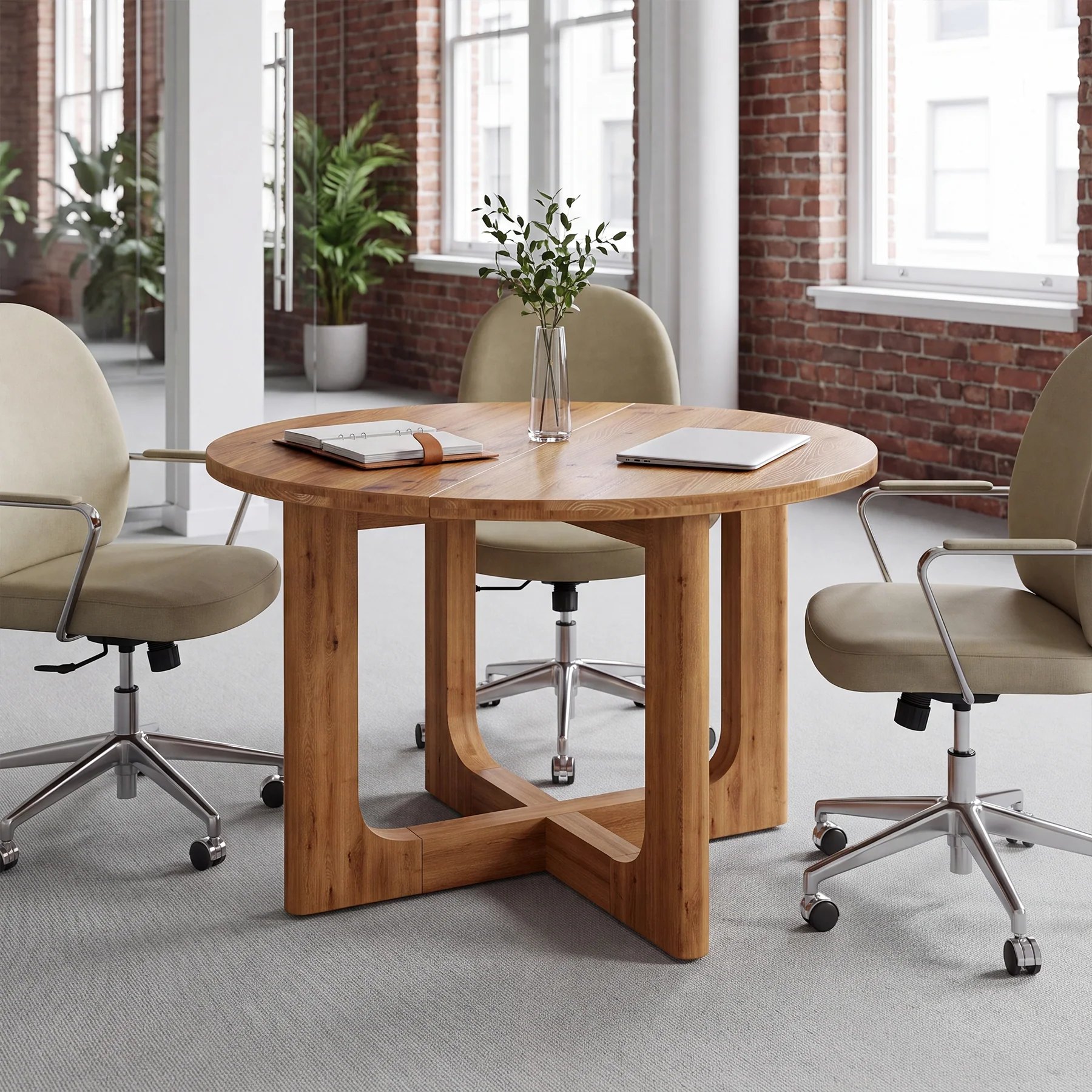 Round Solid Wood Conference Table, 39.4" Meeting Table with Cross Base for Office - Image 5