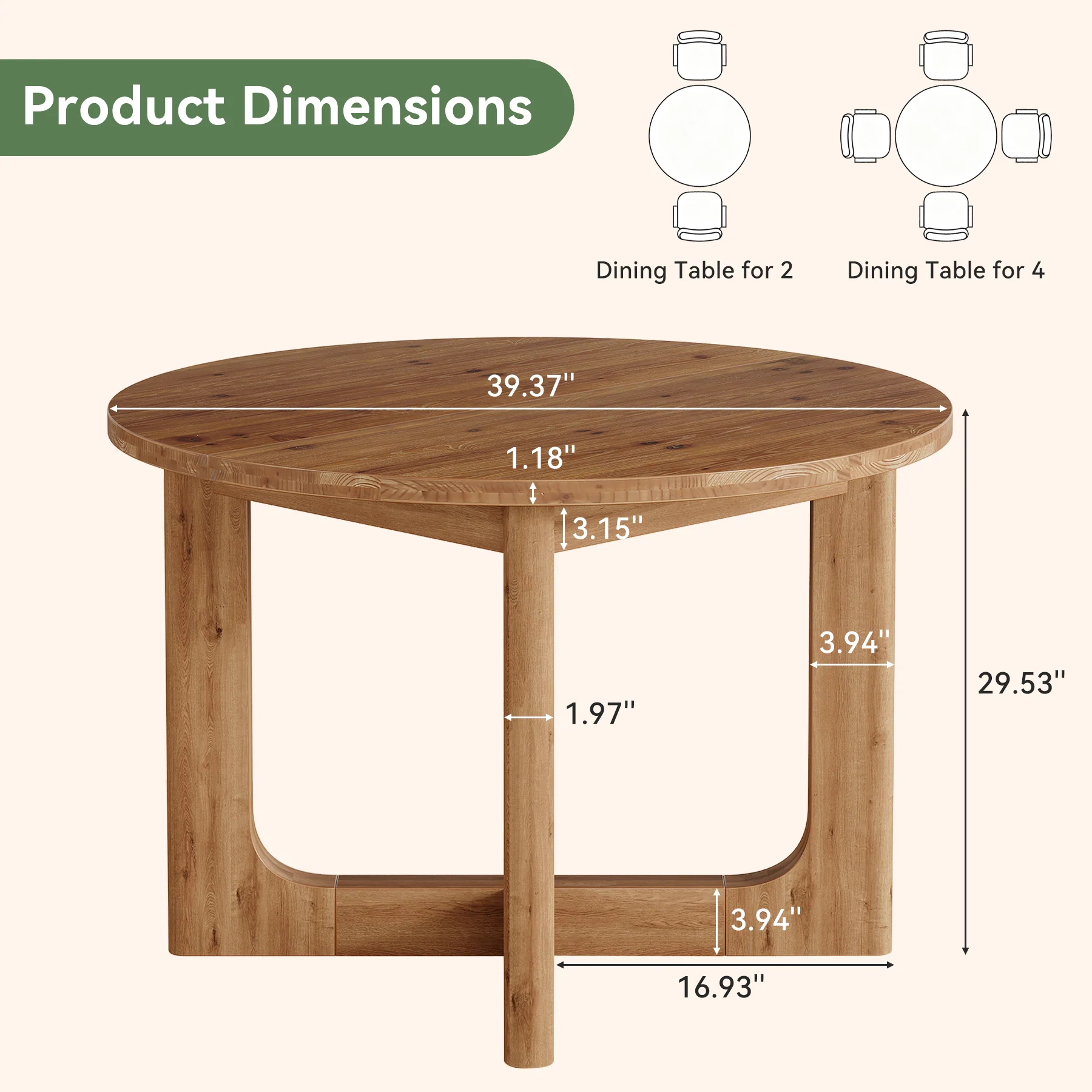 39.4" Round Solid Wood Dining Table, Farmhouse Kitchen Table with X-Cross Legs for 2-4 - Image 2