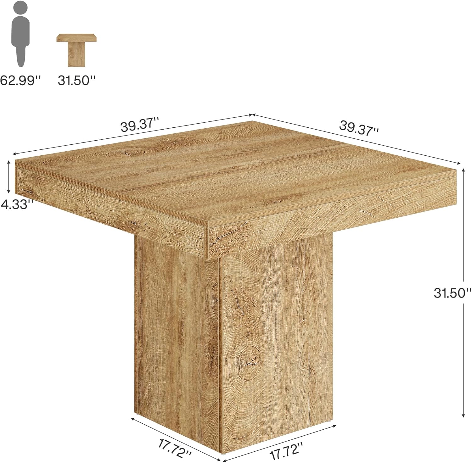 39" Square Dining Table, Farmhouse Kitchen Dinner Table with Sturdy Pedestal Base for 4 - Image 2
