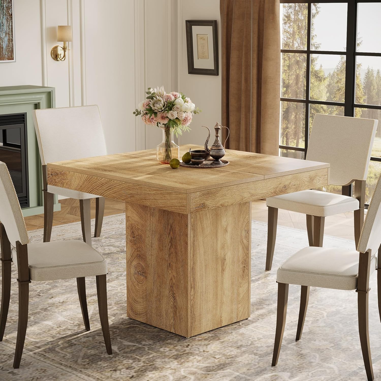 39" Square Dining Table, Farmhouse Kitchen Dinner Table with Sturdy Pedestal Base for 4 - Image 3