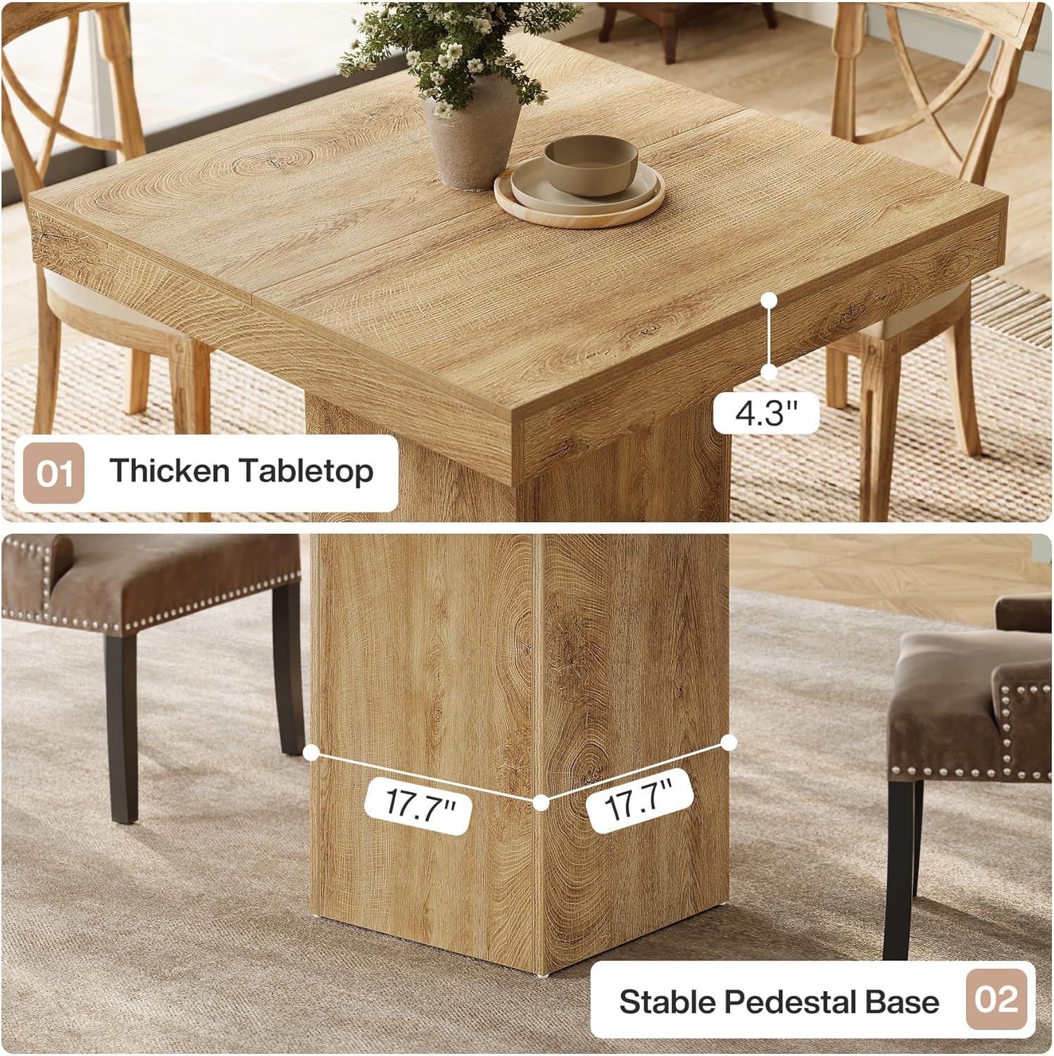 39" Square Dining Table, Farmhouse Kitchen Dinner Table with Sturdy Pedestal Base for 4 - Image 7