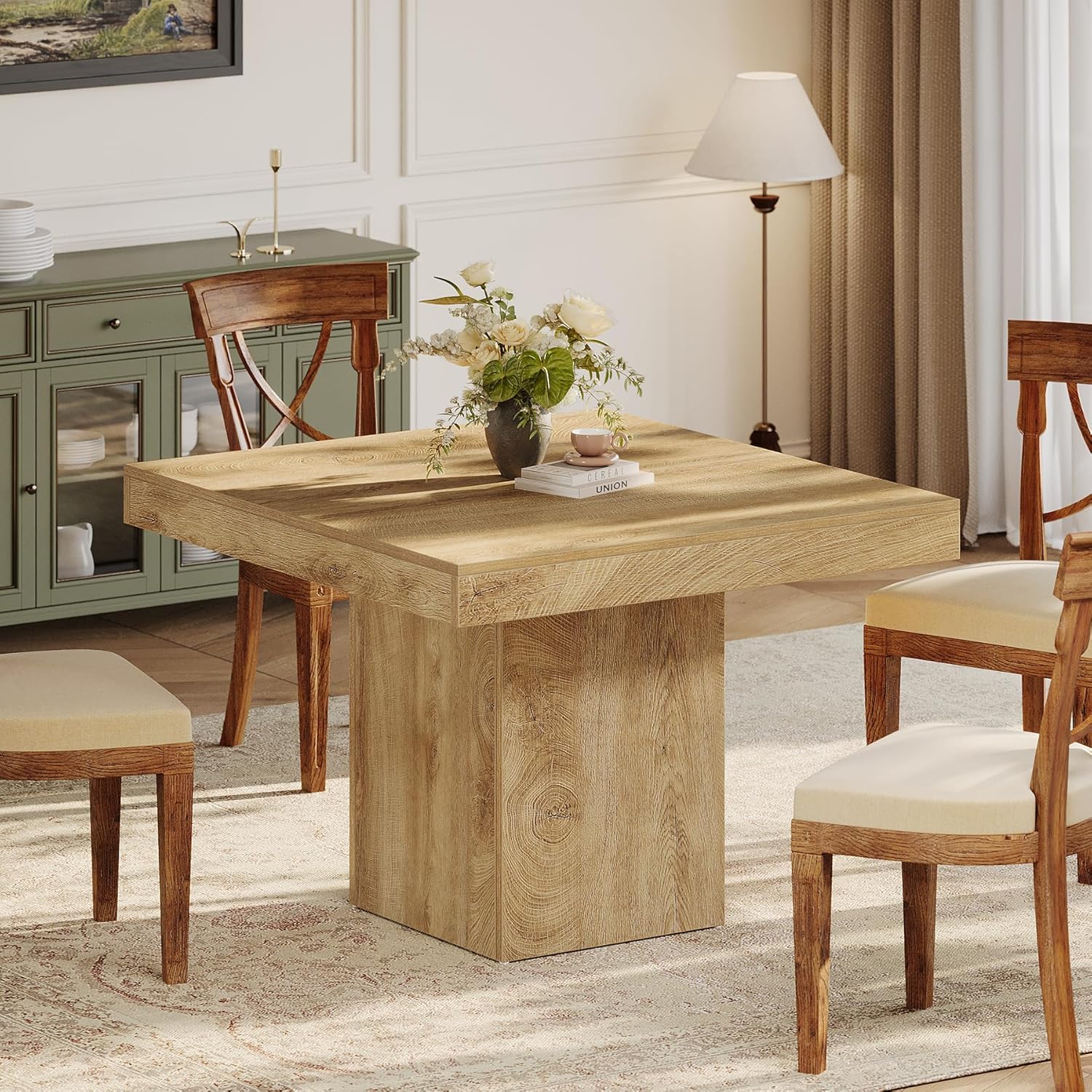 39" Square Dining Table, Farmhouse Kitchen Dinner Table with Sturdy Pedestal Base for 4 - Image 8
