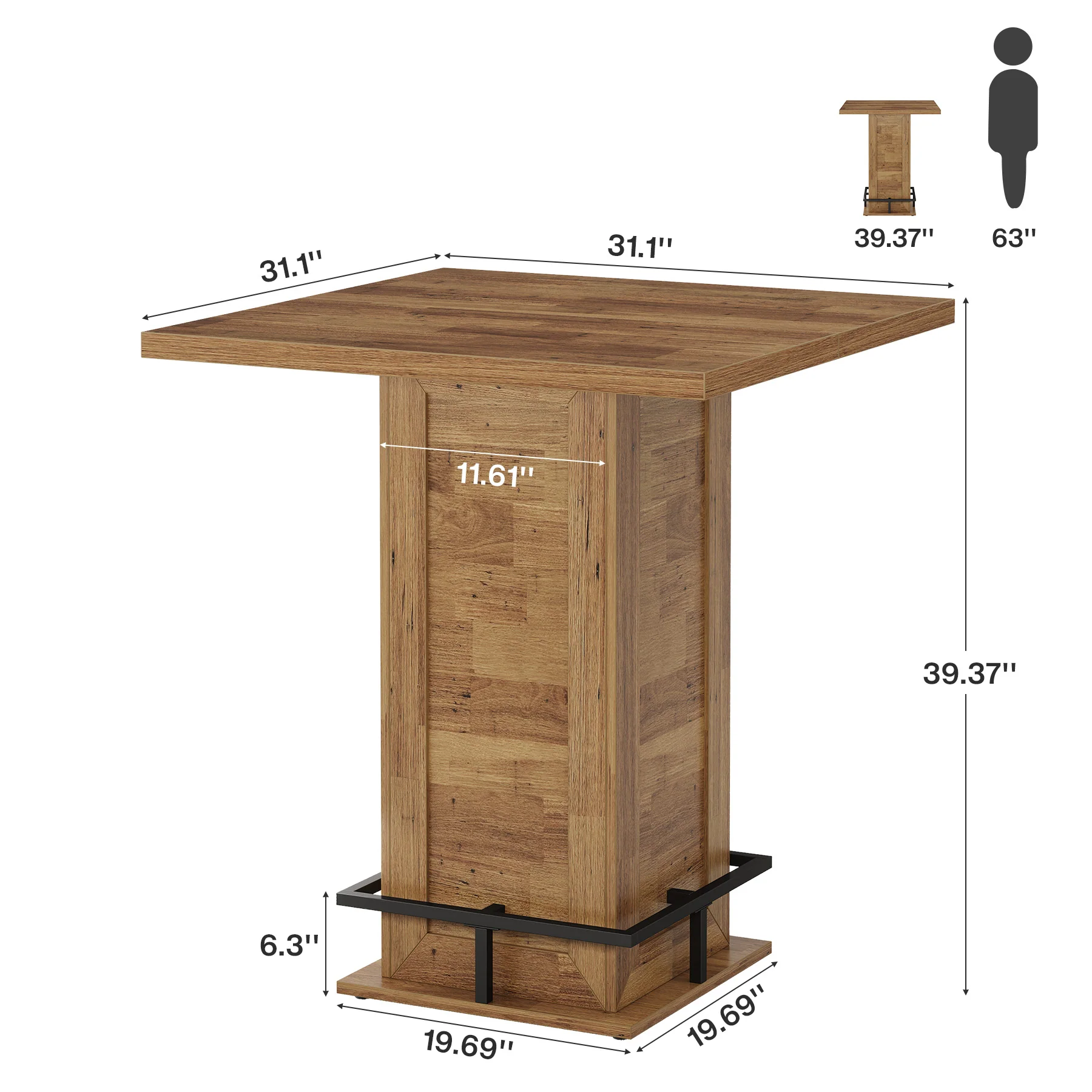 39" High Top Bar Table, Square Bistro Pub Cocktail Table - Image 2