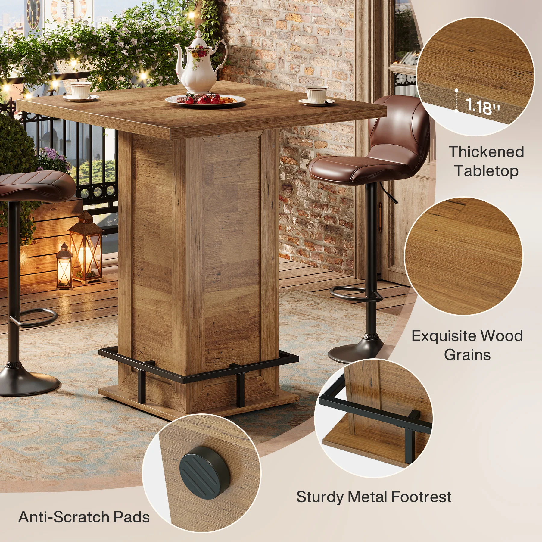 39" High Top Bar Table, Square Bistro Pub Cocktail Table - Image 6