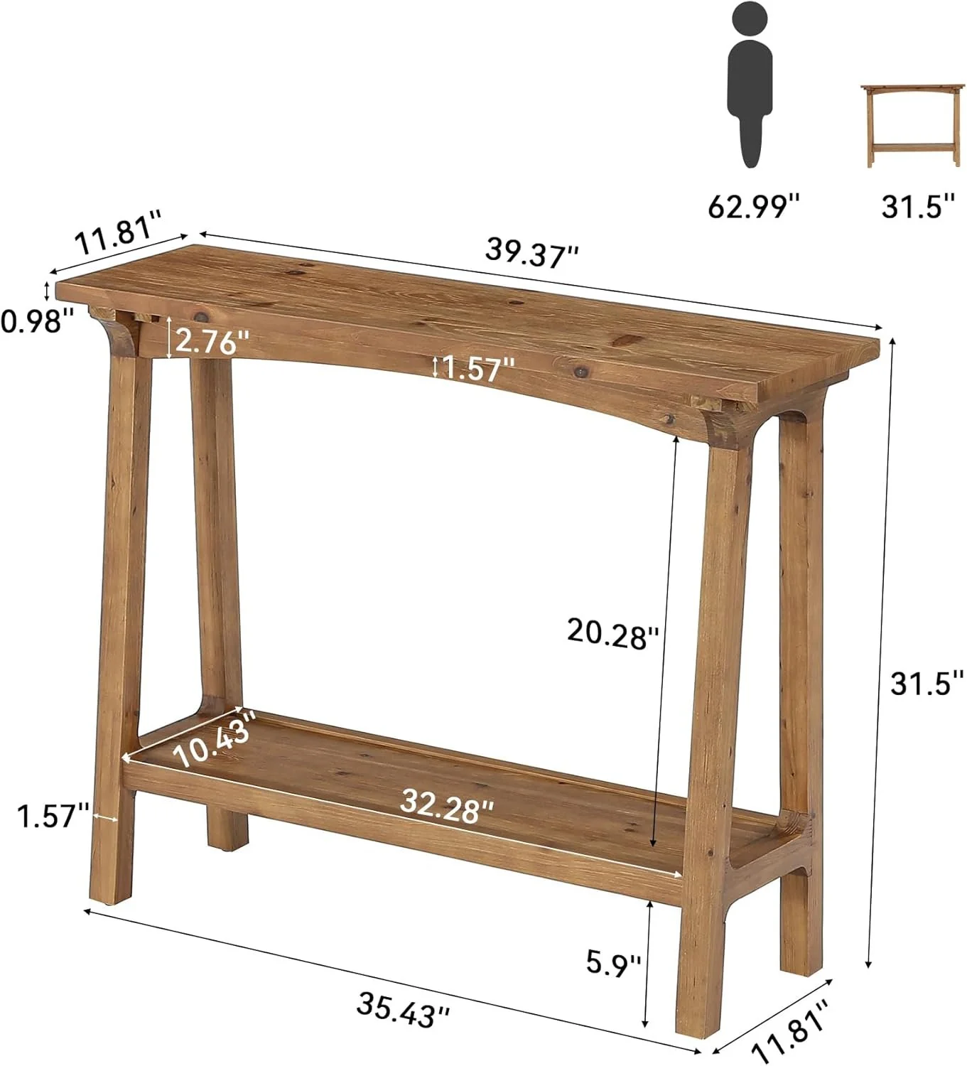 39.4” Small Entryway Table, 2-Tier Solid Wood Console Table for Living Room - Image 2