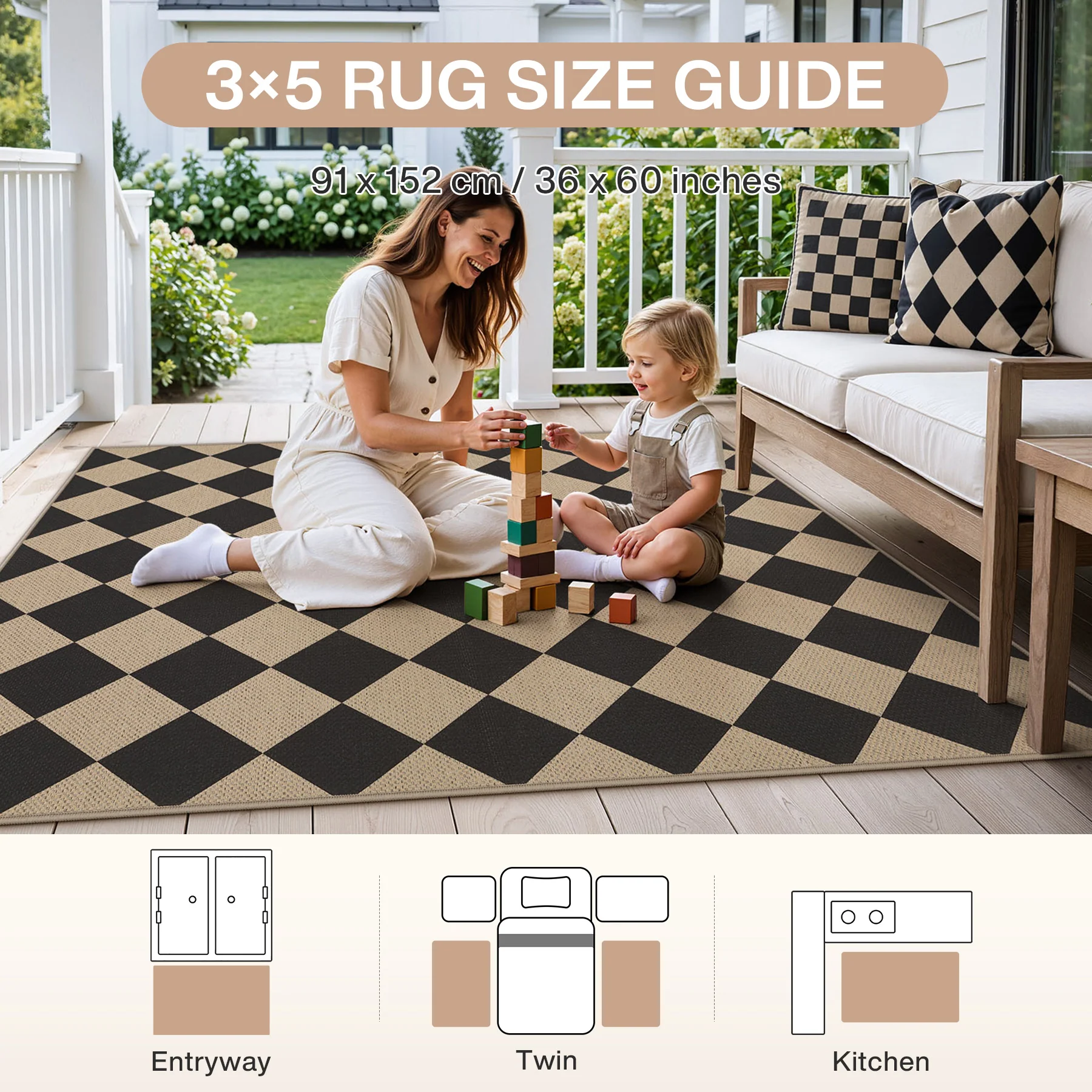 3x5/5x7 Checkered Easy Jute Area Rug, Farmhouse Non-Slip Washable Carpet, Oeko-Tex Certified - Image 2
