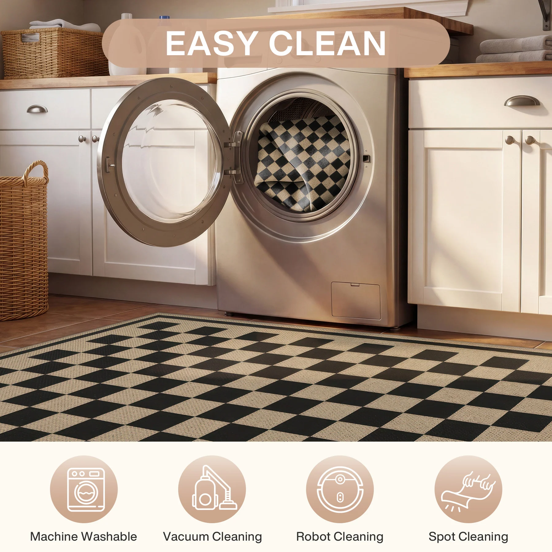3x5/5x7 Checkered Easy Jute Area Rug, Farmhouse Non-Slip Washable Carpet, Oeko-Tex Certified - Image 29