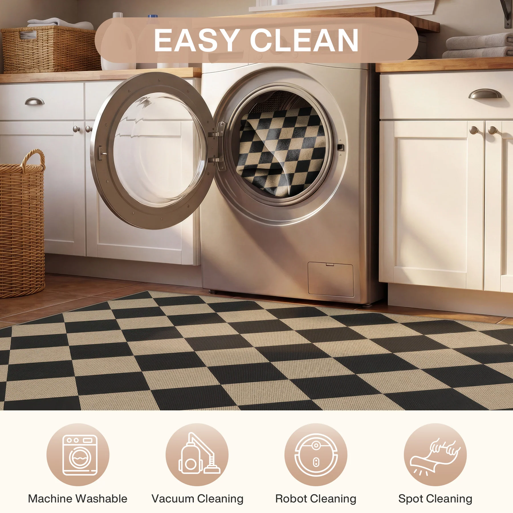 3x5/5x7 Checkered Easy Jute Area Rug, Farmhouse Non-Slip Washable Carpet, Oeko-Tex Certified - Image 6