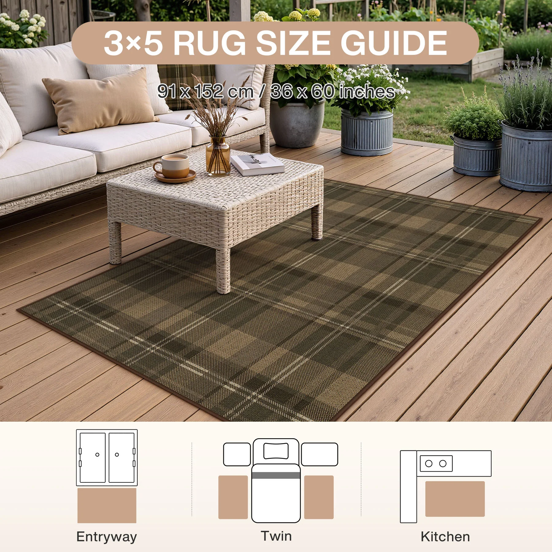 3x5/5x7 Plaid Easy Jute Washable Area Rug, Farmhouse Non-Slip Indoor Carpet for Porch Living Bedroom, Oeko-Tex Certified - Image 2