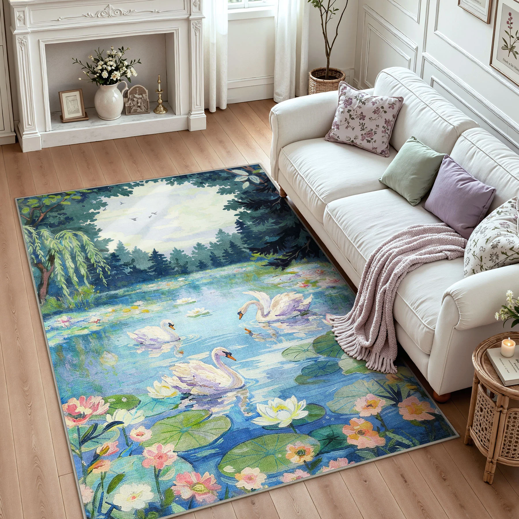 3x5/5x7 Swan Lake in oil painting style Area Rugs, Washable Living Room Runner Soft Non Slip Carpet, Oeko-Tex Certified - Image 11