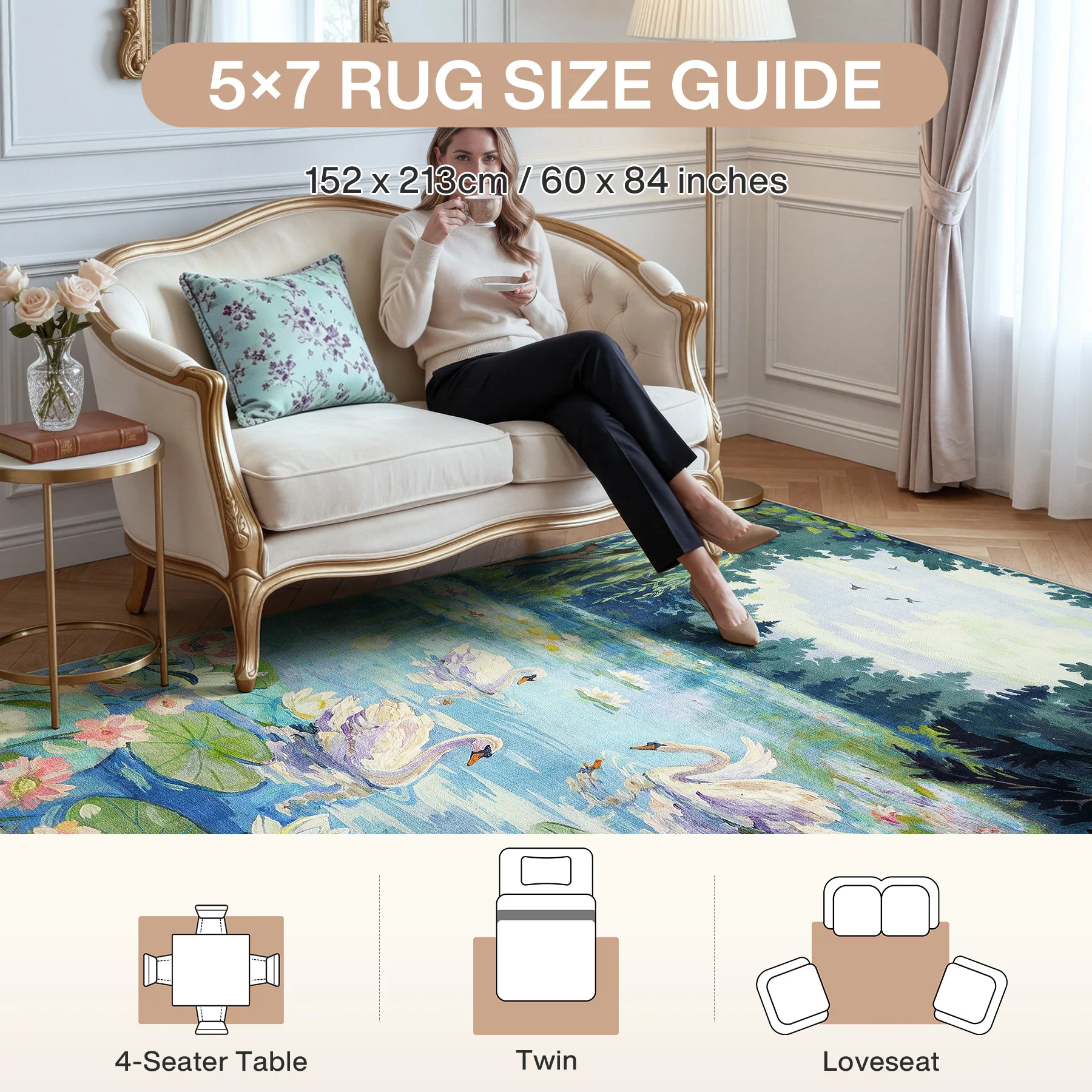 3x5/5x7 Swan Lake in oil painting style Area Rugs, Washable Living Room Runner Soft Non Slip Carpet, Oeko-Tex Certified - Image 12
