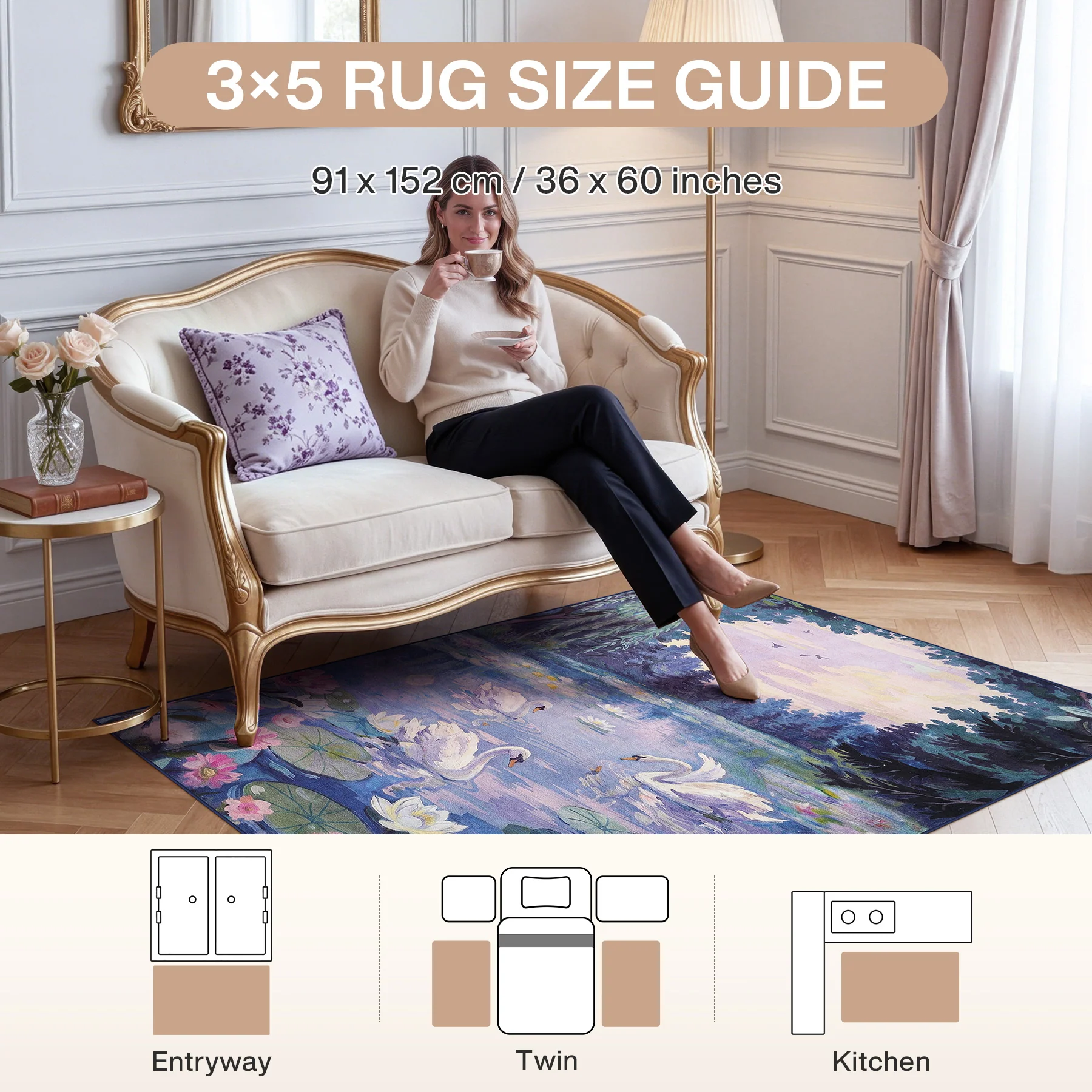 3x5/5x7 Swan Lake in oil painting style Area Rugs, Washable Living Room Runner Soft Non Slip Carpet, Oeko-Tex Certified - Image 18