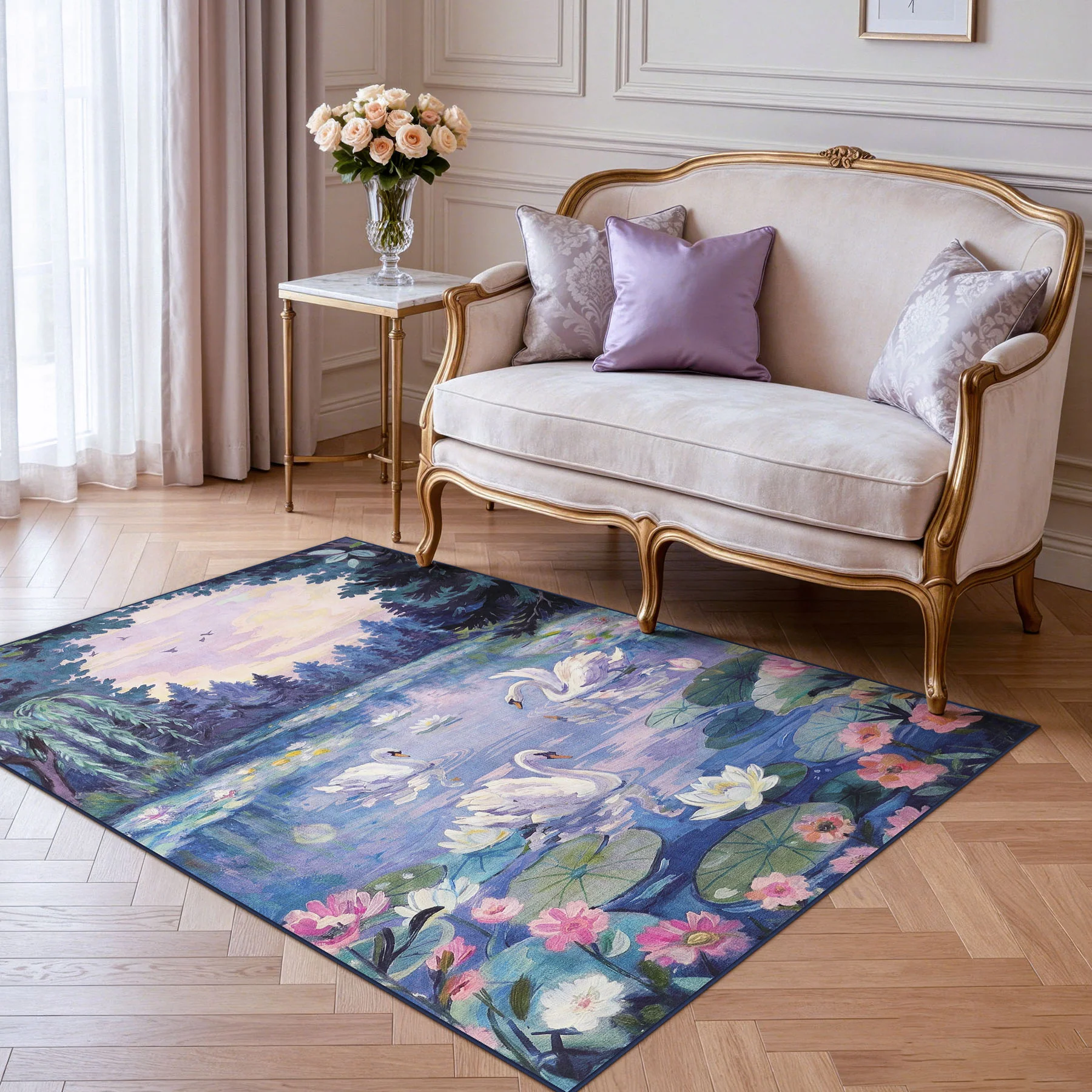 3x5/5x7 Swan Lake in oil painting style Area Rugs, Washable Living Room Runner Soft Non Slip Carpet, Oeko-Tex Certified - Image 19
