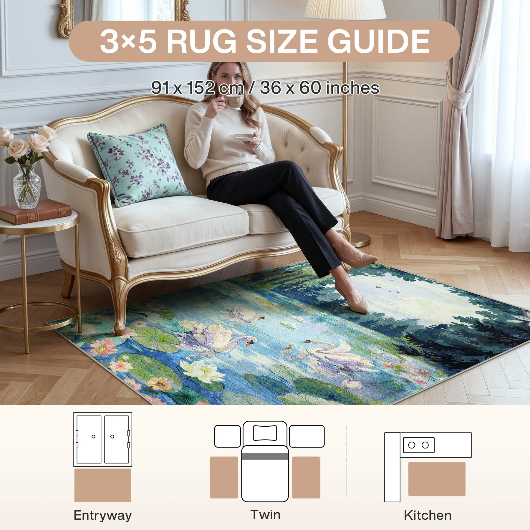 3x5/5x7 Swan Lake in oil painting style Area Rugs, Washable Living Room Runner Soft Non Slip Carpet, Oeko-Tex Certified - Image 2