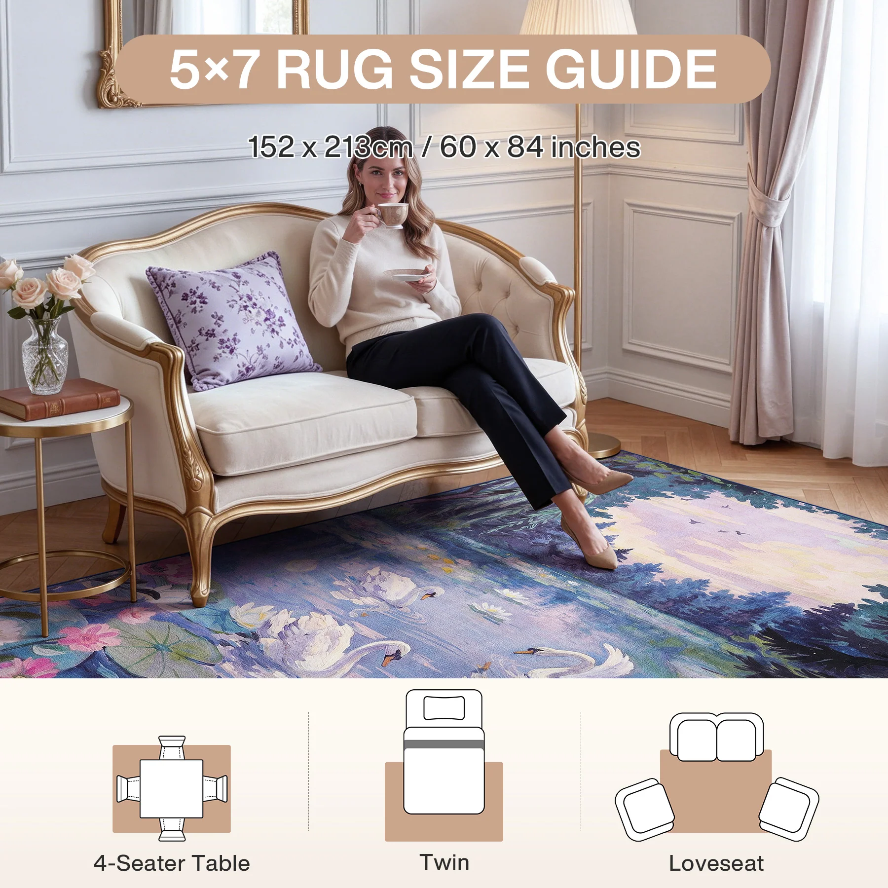 3x5/5x7 Swan Lake in oil painting style Area Rugs, Washable Living Room Runner Soft Non Slip Carpet, Oeko-Tex Certified - Image 22