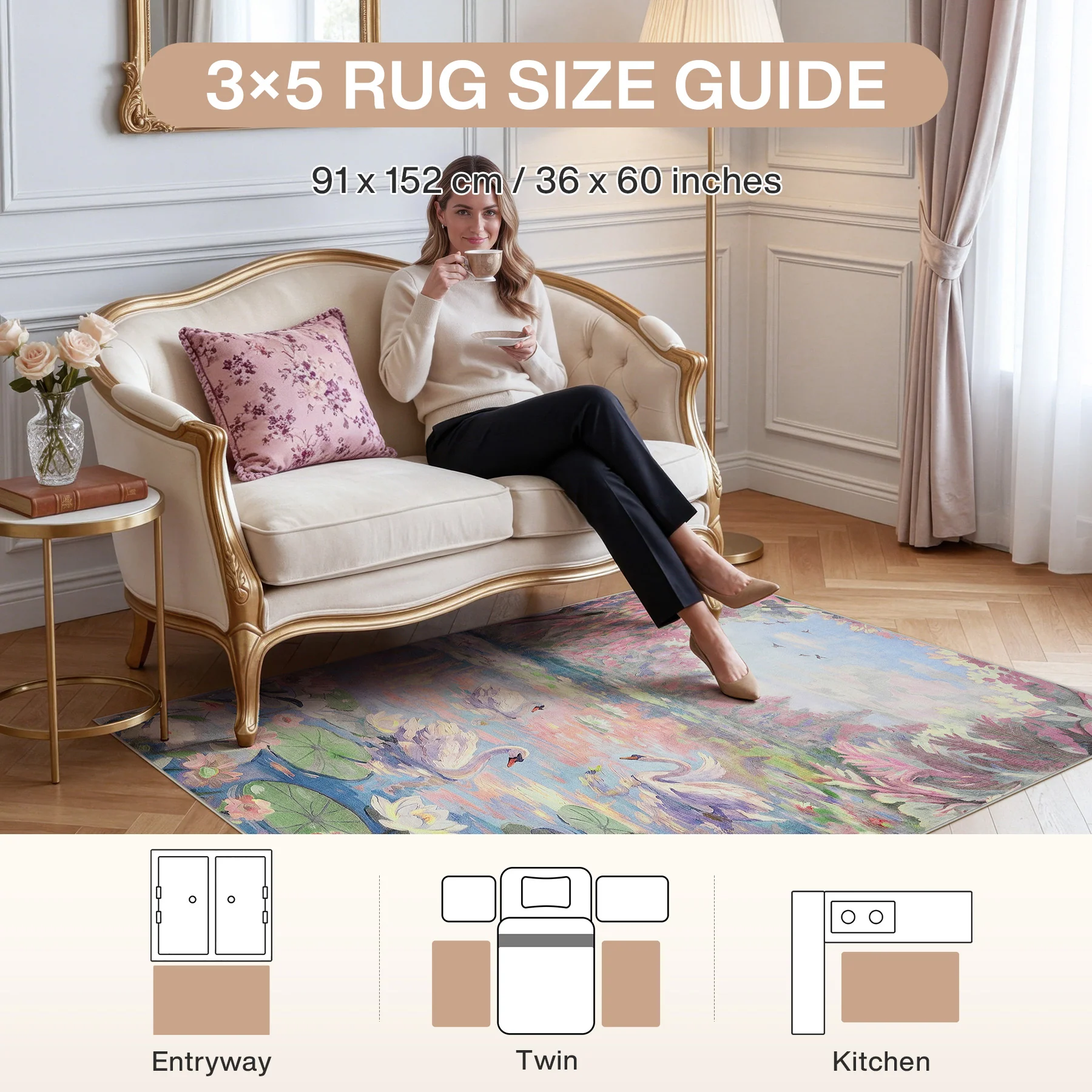 3x5/5x7 Swan Lake in oil painting style Area Rugs, Washable Living Room Runner Soft Non Slip Carpet, Oeko-Tex Certified - Image 27