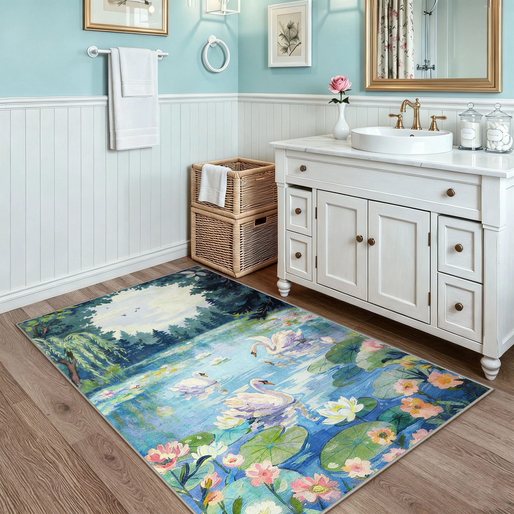 3x5/5x7 Swan Lake in oil painting style Area Rugs, Washable Living Room Runner Soft Non Slip Carpet, Oeko-Tex Certified - Image 5