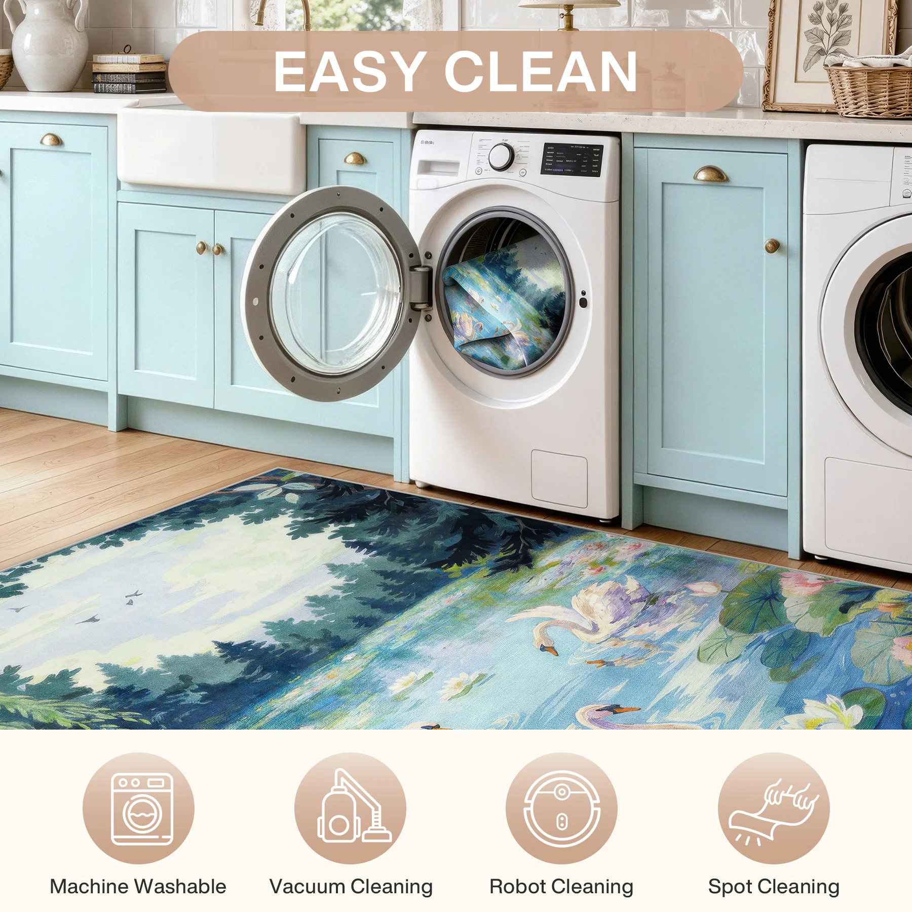 3x5/5x7 Swan Lake in oil painting style Area Rugs, Washable Living Room Runner Soft Non Slip Carpet, Oeko-Tex Certified - Image 7