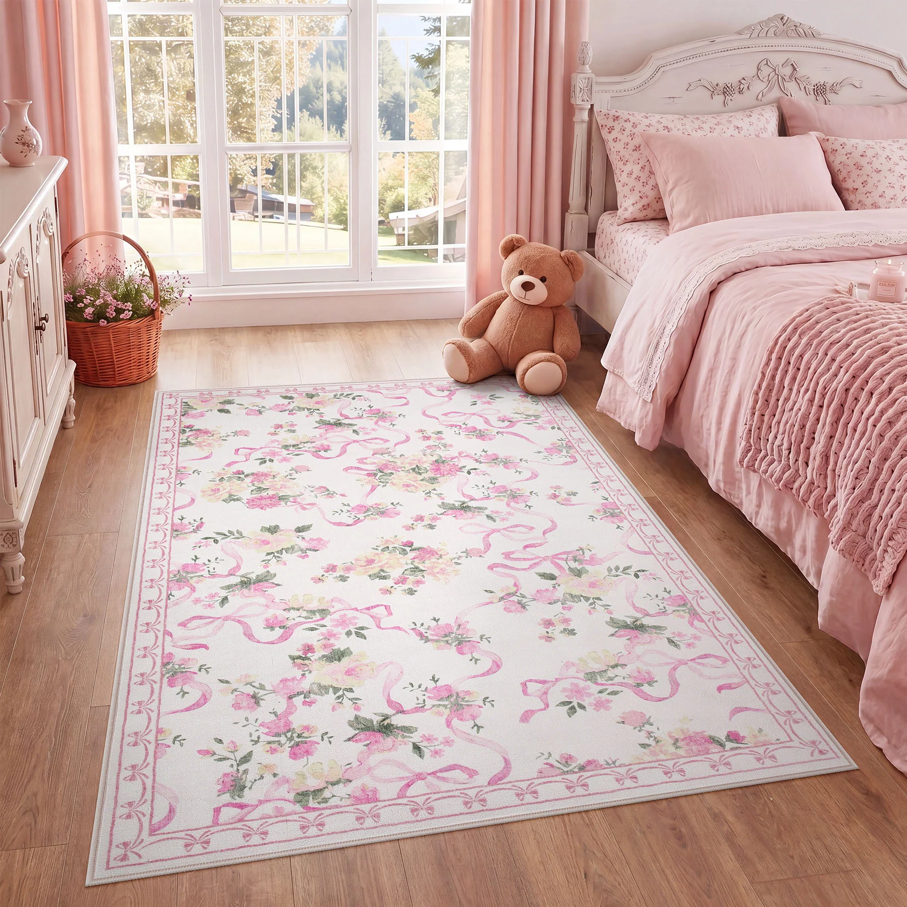 3x5/5x7 Bow Floral Area Rugs, Washable Soft Cute Border Non Slip Low Pile Carpet for Kids Living Dining Room, Oeko-Tex Certified - Image 4