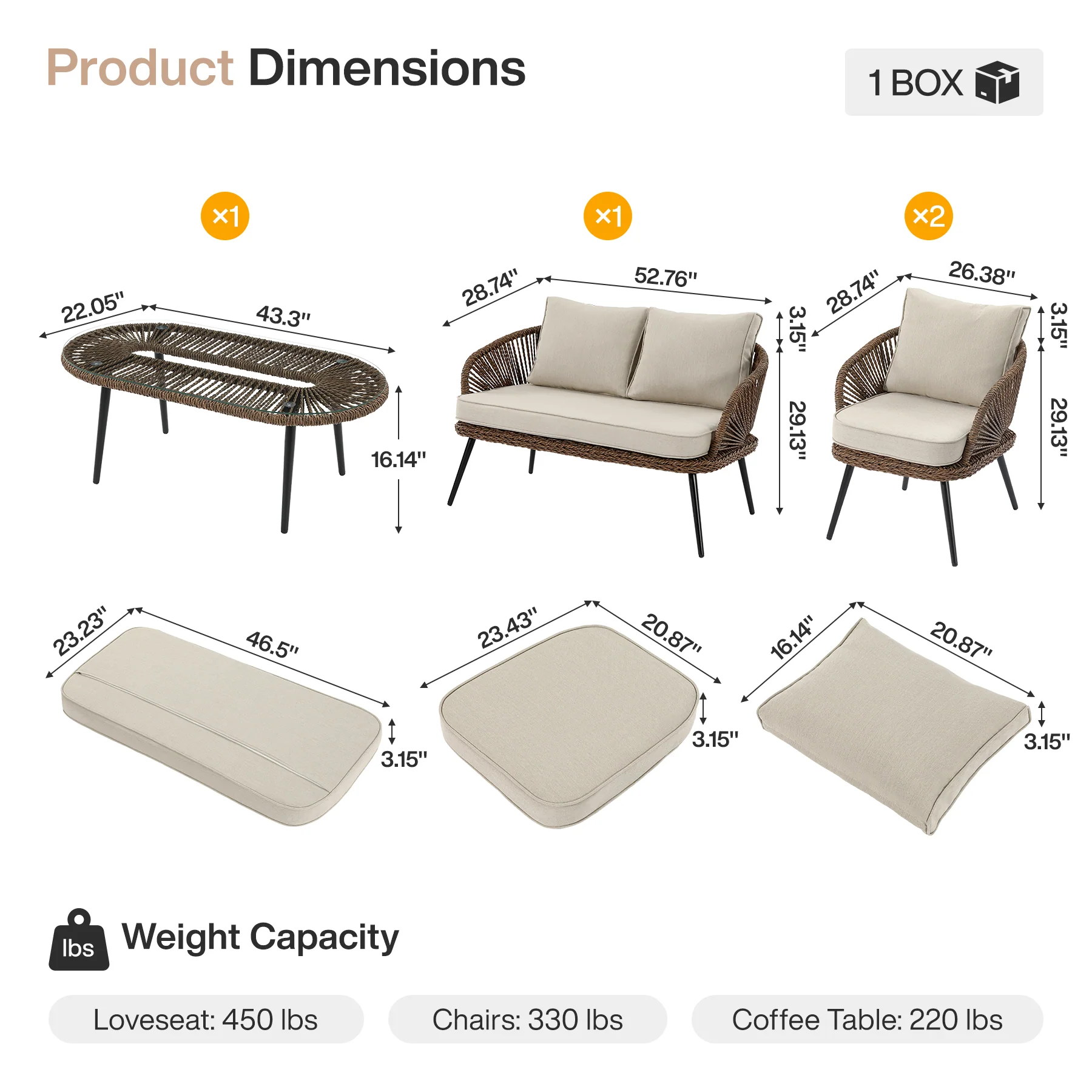 4-Piece Rattan Outdoor Patio Furniture Set with Removable Cushions and Coffee Table - Image 2