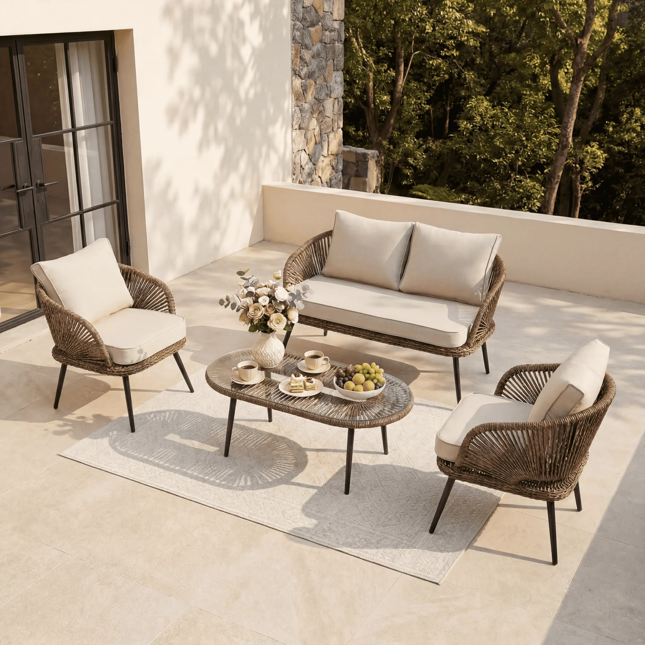 4-Piece Rattan Outdoor Patio Furniture Set with Removable Cushions and Coffee Table - Image 3