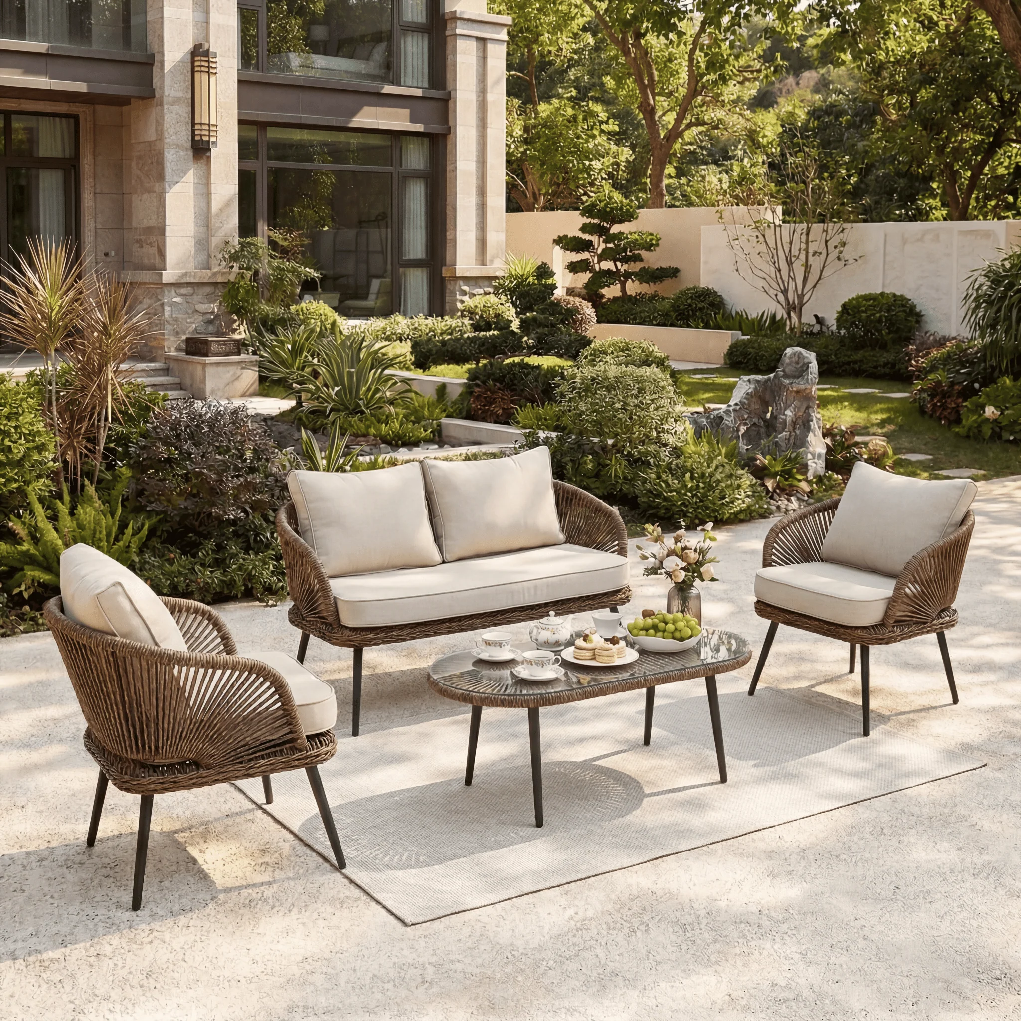 4-Piece Rattan Outdoor Patio Furniture Set with Removable Cushions and Coffee Table - Image 4