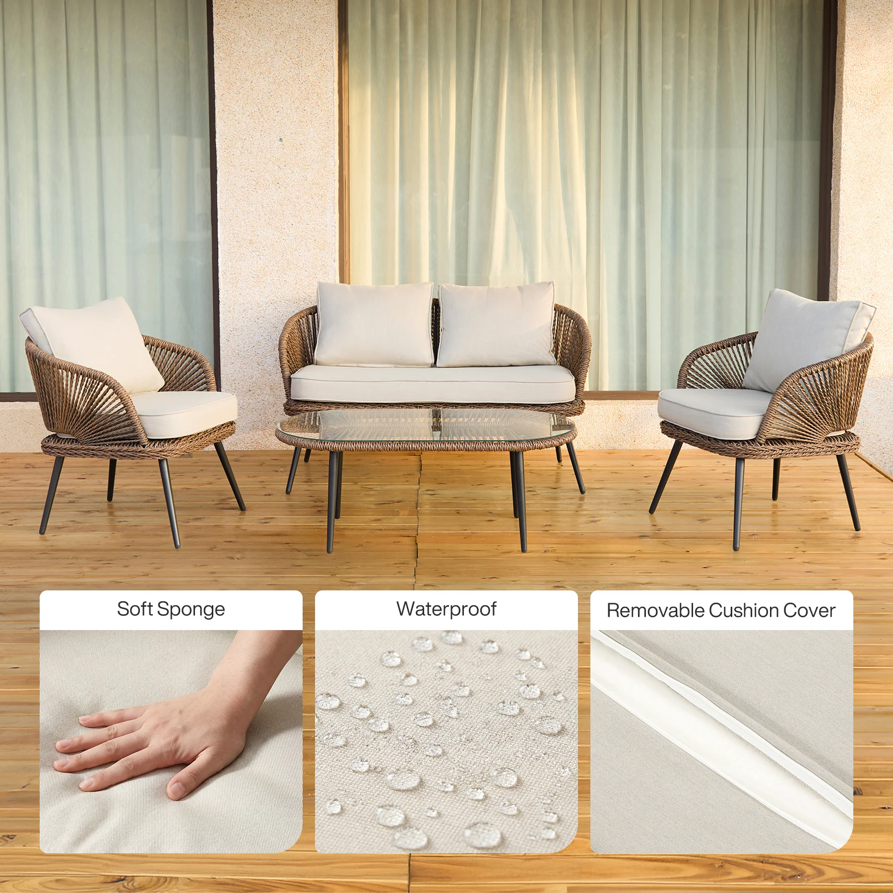 4-Piece Rattan Outdoor Patio Furniture Set with Removable Cushions and Coffee Table - Image 8