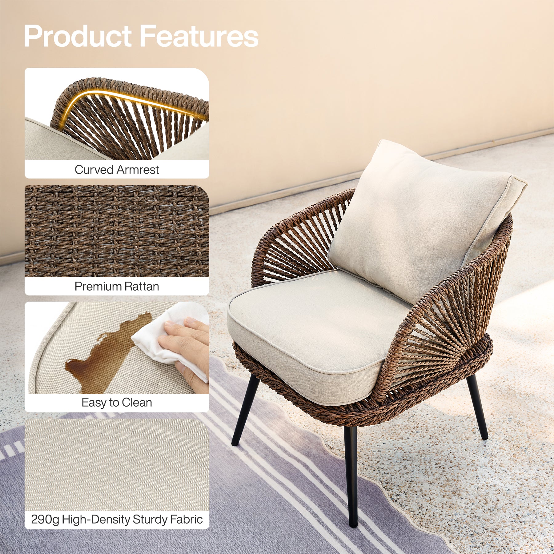 4-Piece Rattan Outdoor Patio Furniture Set with Removable Cushions and Coffee Table - Image 9