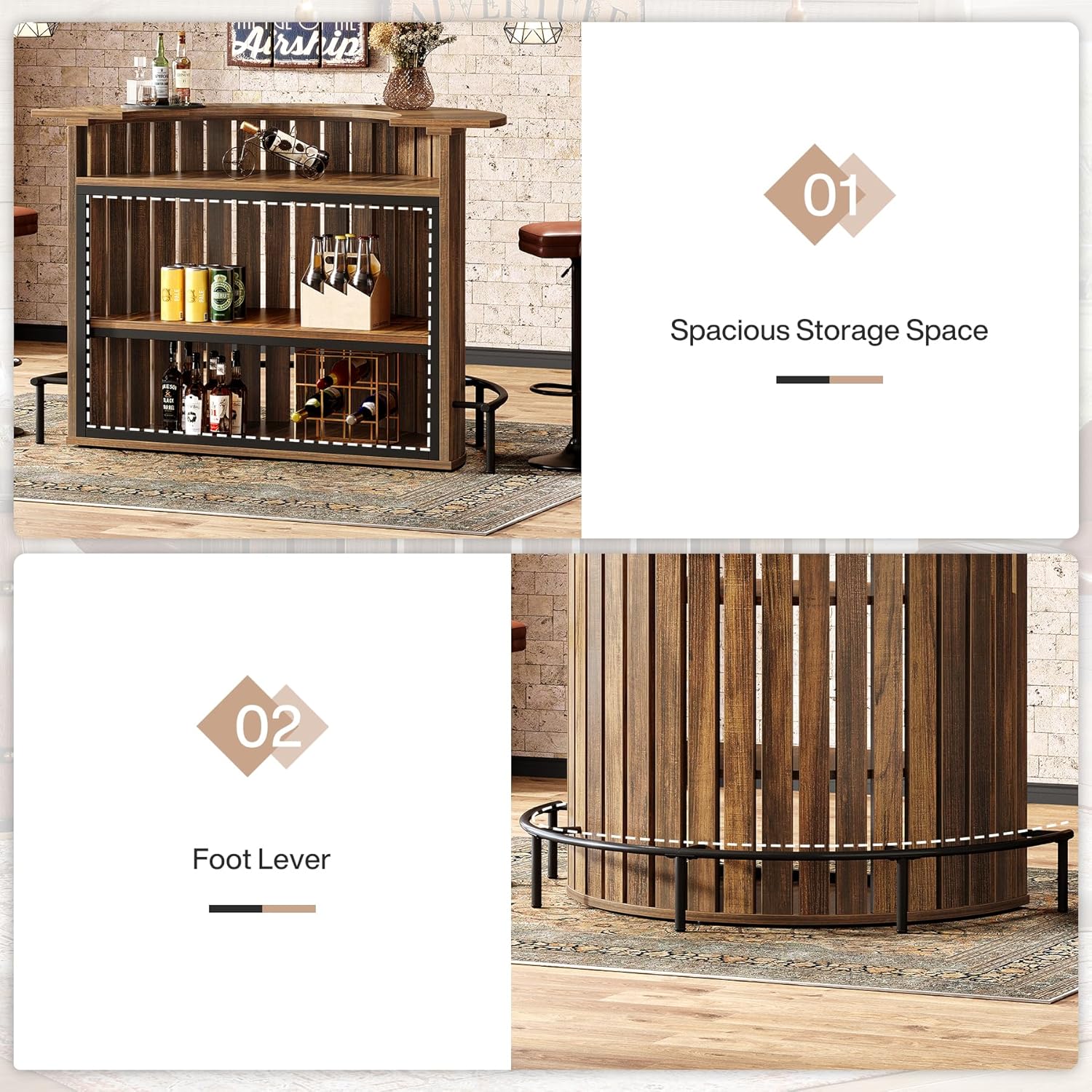 39.4" Bar Table, 4-Tier Arc-Shaped Wine Bar Cabinet with Footrest for Home Pub - Image 7