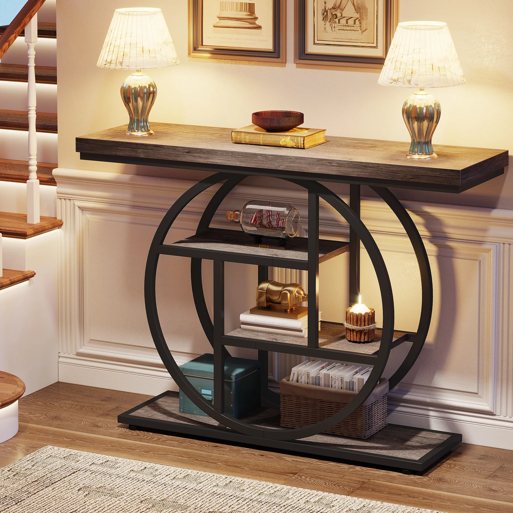 41.3" Console Table, Industrial 4-Tier Sofa Table Entryway Table with Circle Base - Image 11