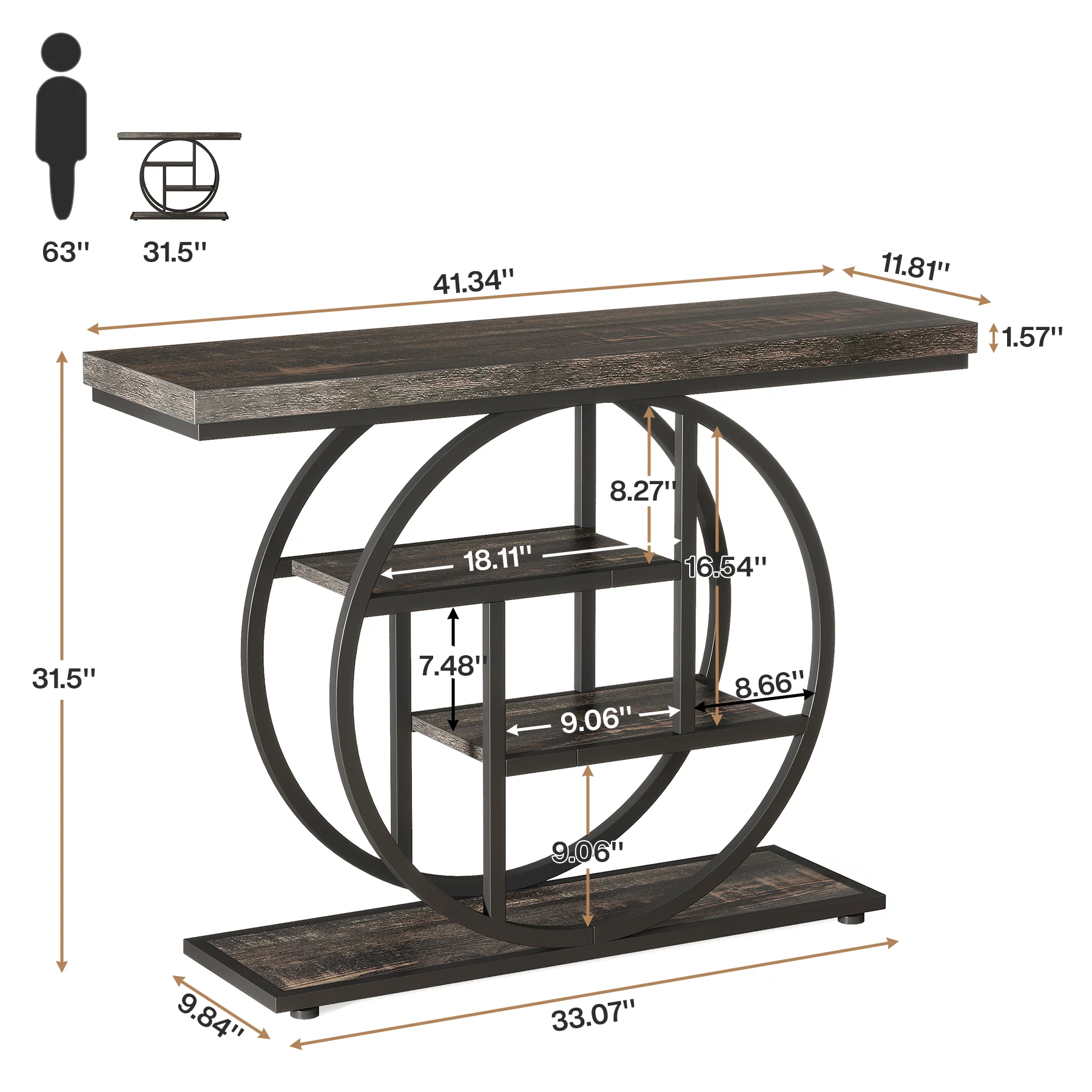 41.3" Console Table, Industrial 4-Tier Sofa Table Entryway Table with Circle Base - Image 25