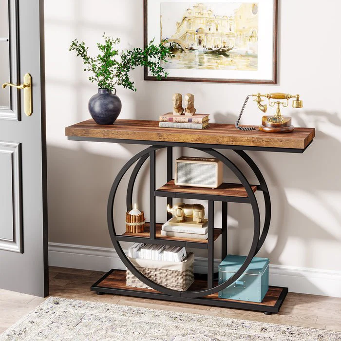 41.3" Console Table, Industrial 4-Tier Sofa Table Entryway Table with Circle Base - Image 3