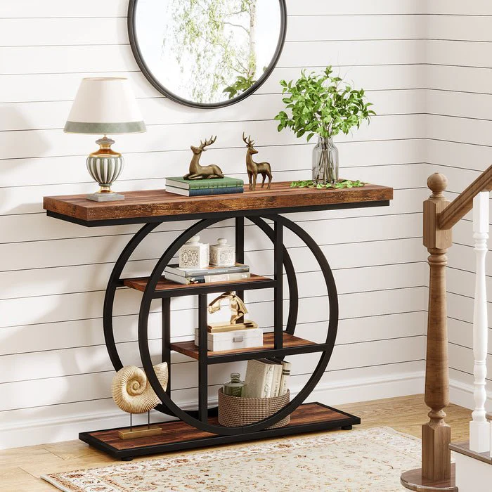 41.3" Console Table, Industrial 4-Tier Sofa Table Entryway Table with Circle Base - Image 4