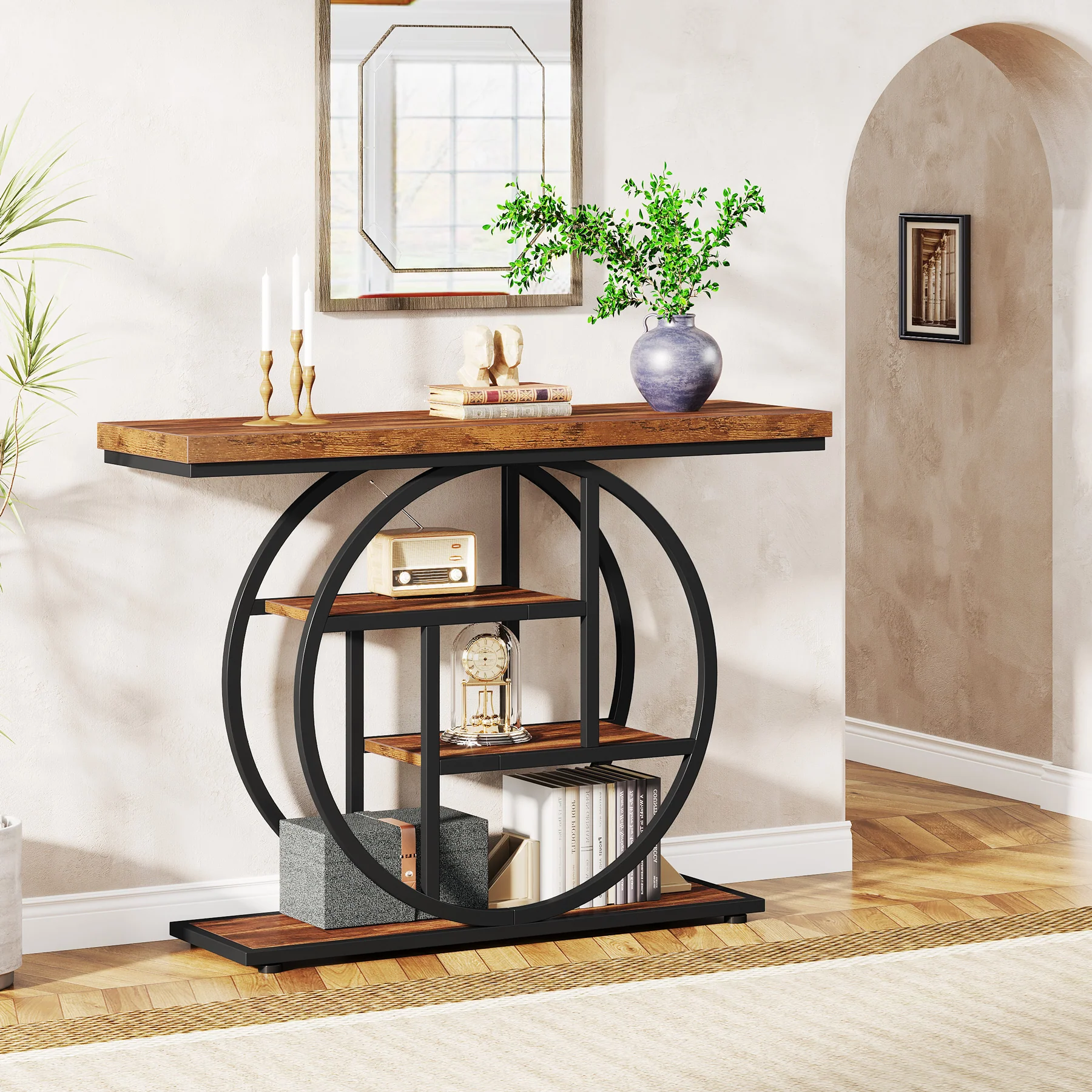 41.3" Console Table, Industrial 4-Tier Sofa Table Entryway Table with Circle Base - Image 5