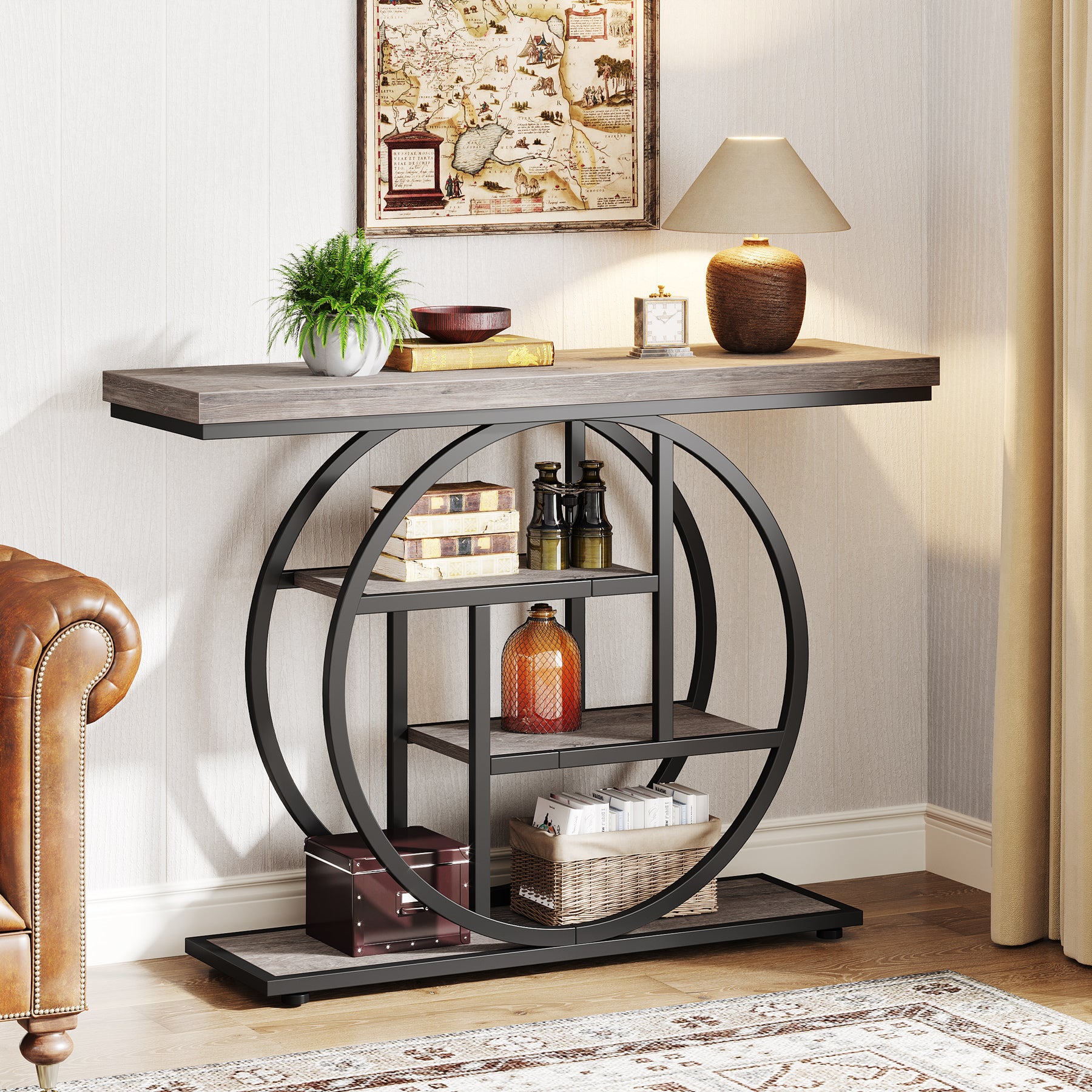 41.3" Console Table, Industrial 4-Tier Sofa Table Entryway Table with Circle Base - Image 8