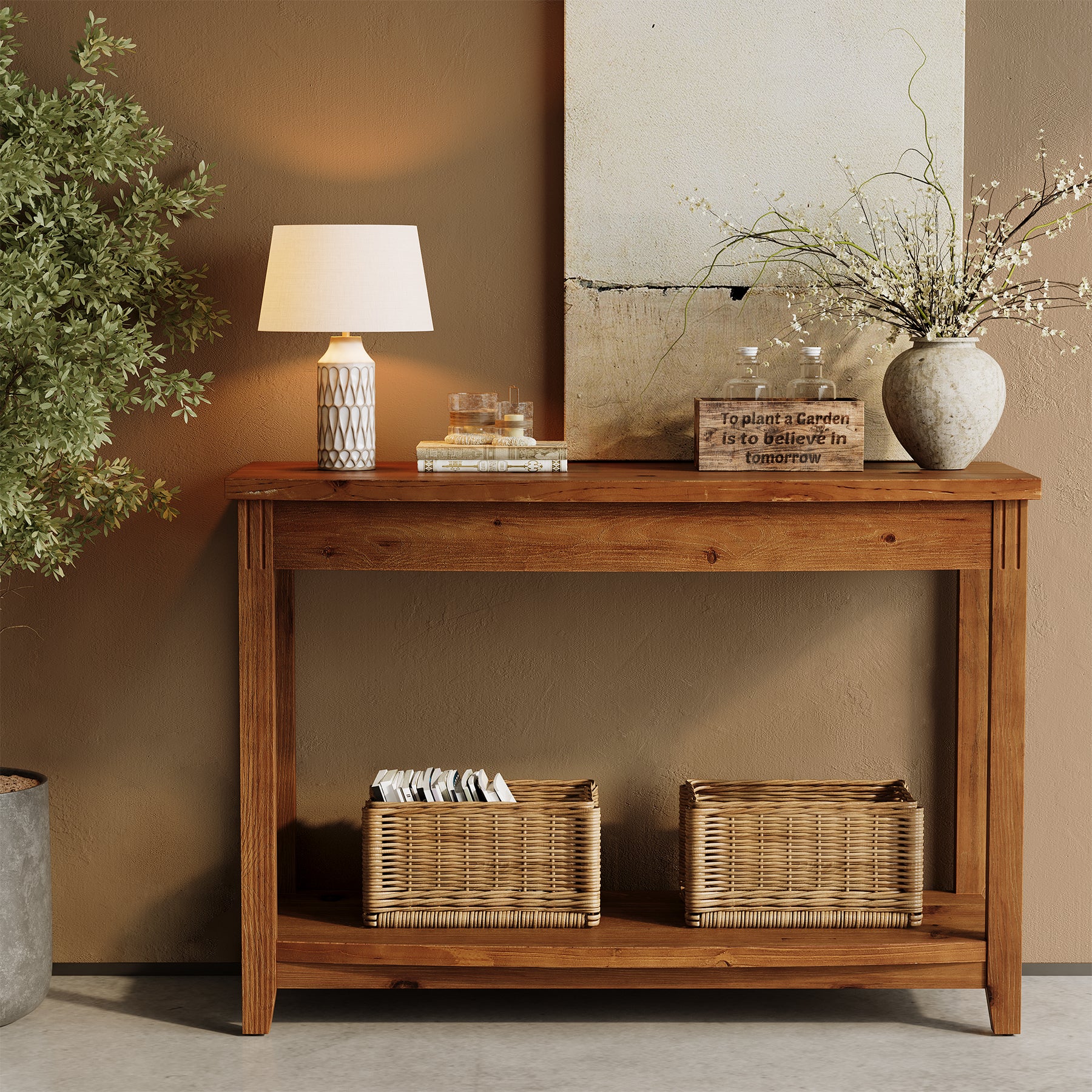 41.3" Solid Wood Console Table, Farmhouse Entryway Table With Storage Shelf - Image 3