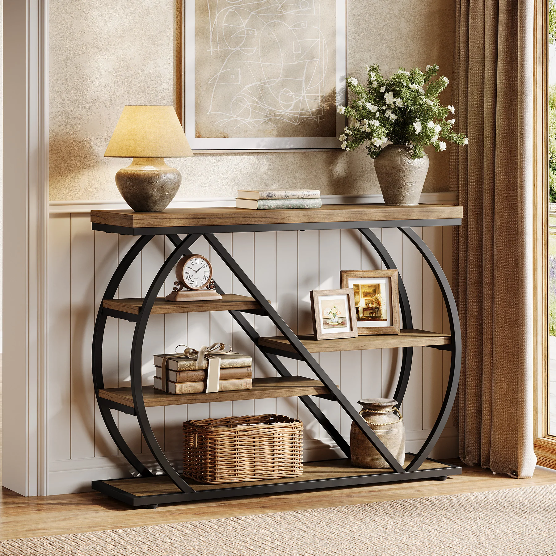 41.3" Industrial Console Table with 5 Staggered Shelves, Arched Metal Frame Entryway & Sofa Table