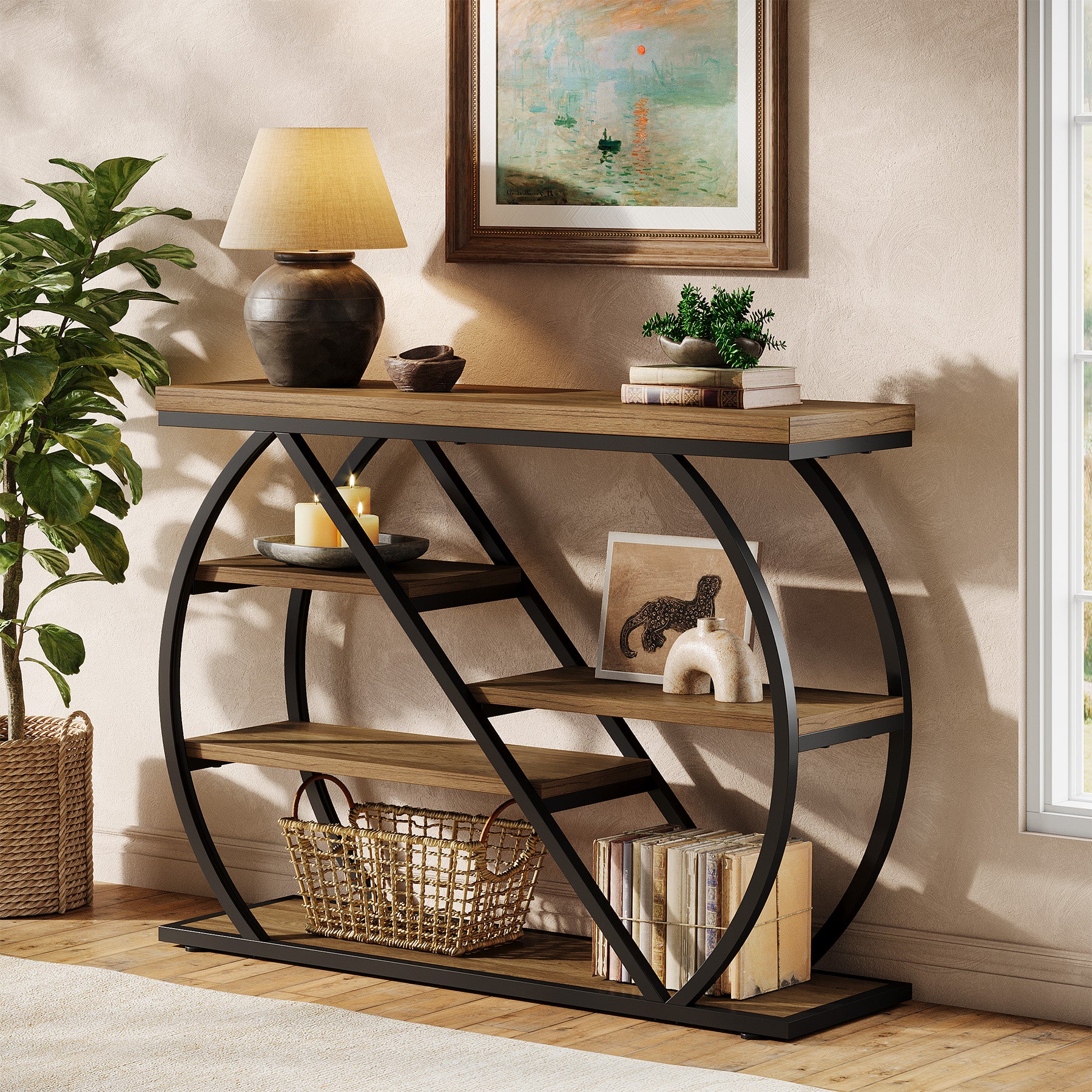 41.3" Industrial Console Table with 5 Staggered Shelves, Arched Metal Frame Entryway & Sofa Table - Image 3