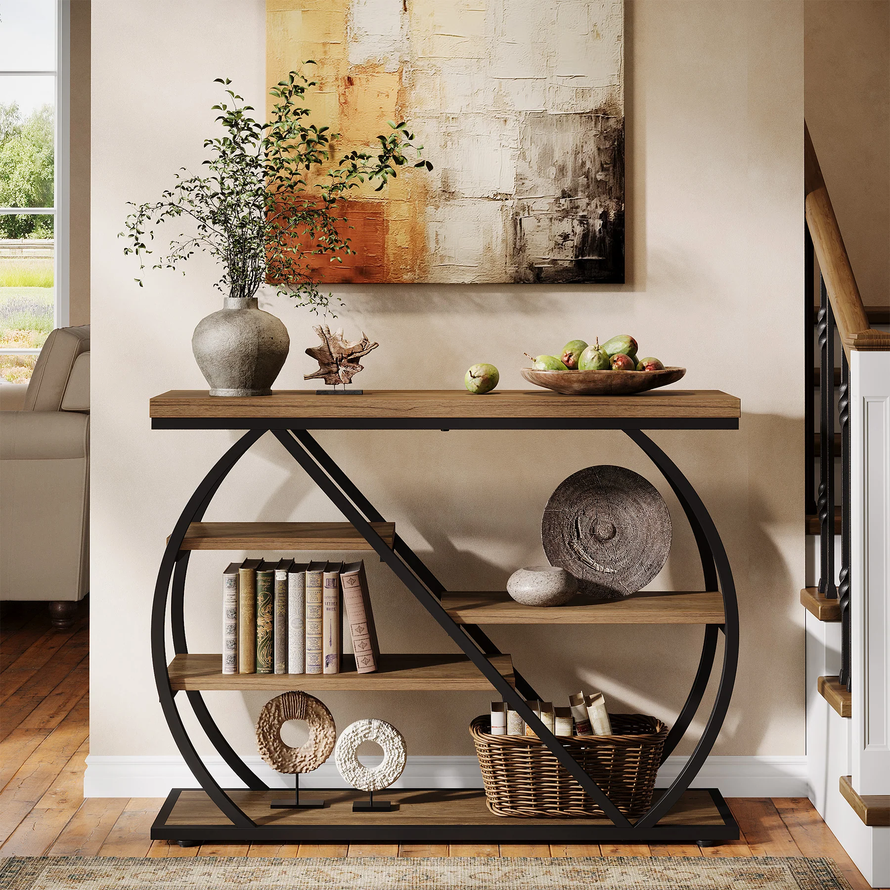 41.3" Industrial Console Table with 5 Staggered Shelves, Arched Metal Frame Entryway & Sofa Table - Image 4