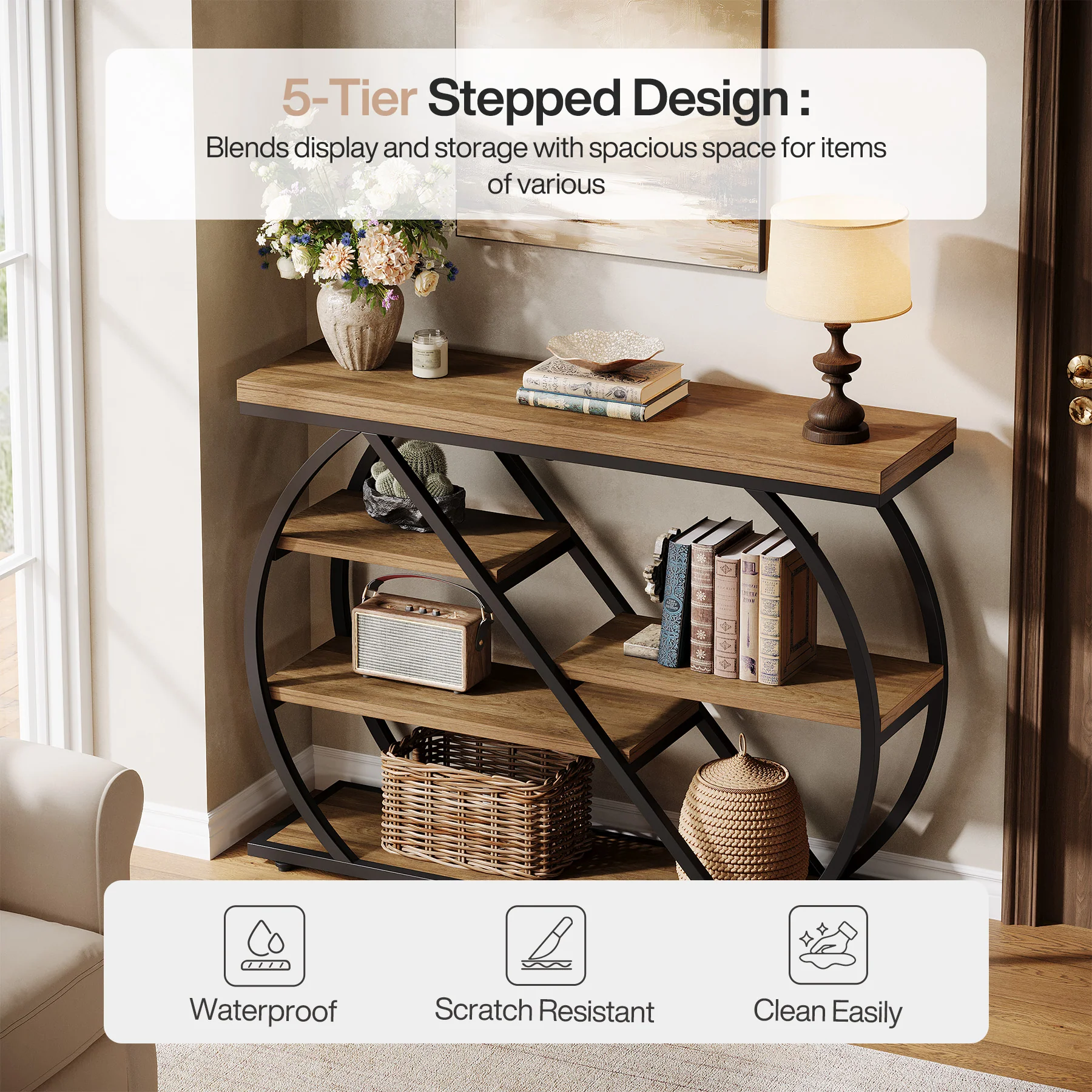 41.3" Industrial Console Table with 5 Staggered Shelves, Arched Metal Frame Entryway & Sofa Table - Image 5