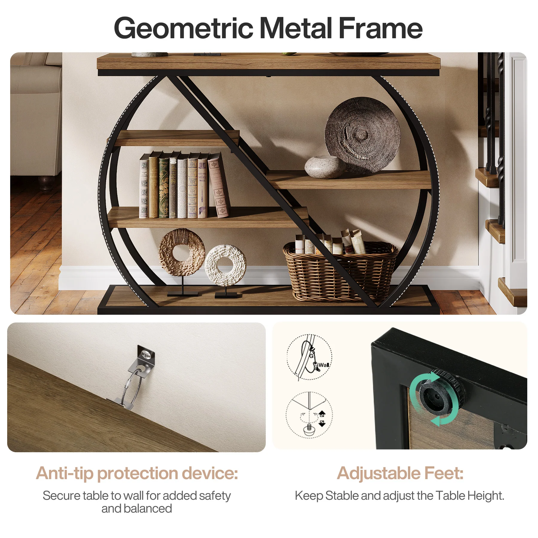 41.3" Industrial Console Table with 5 Staggered Shelves, Arched Metal Frame Entryway & Sofa Table - Image 6