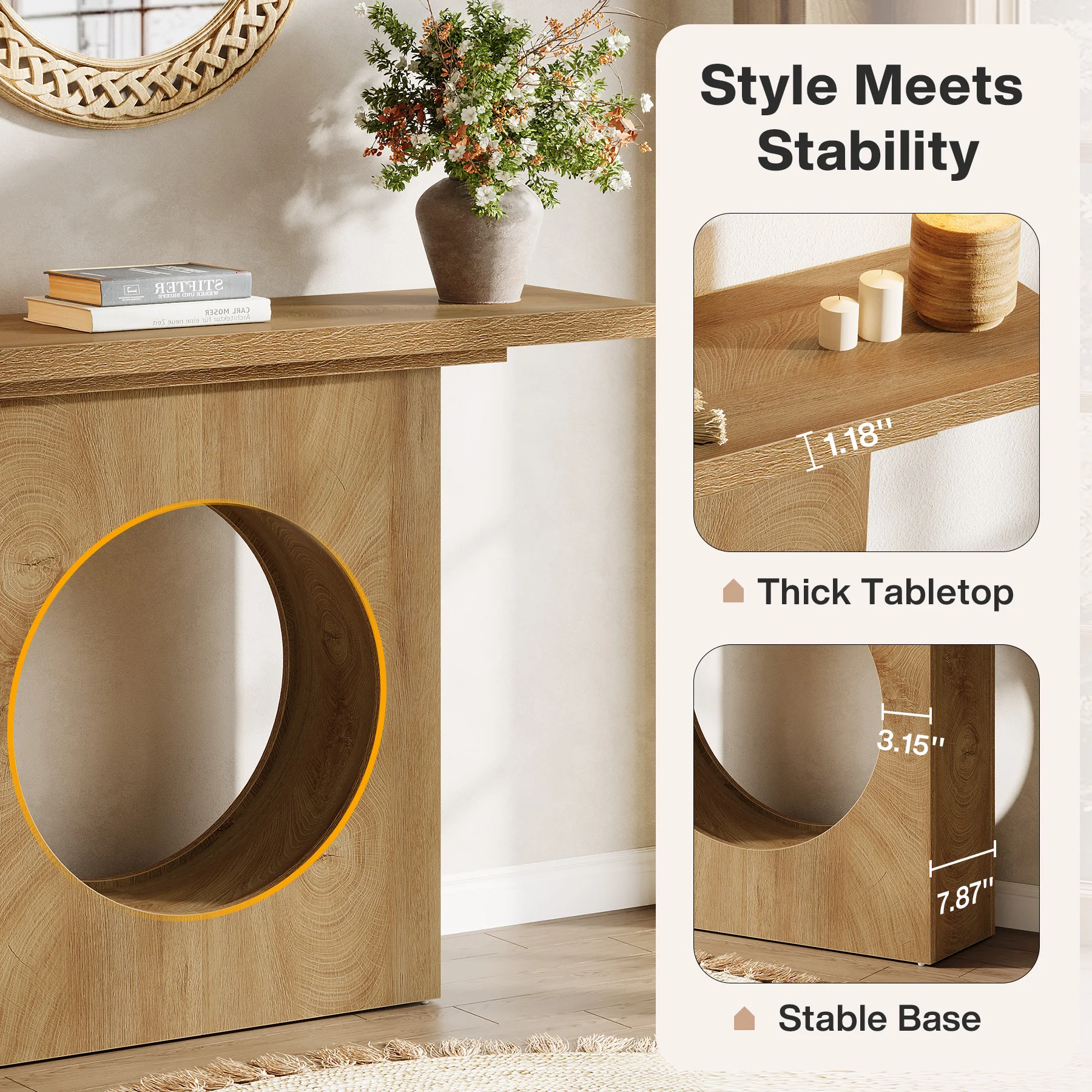 41.3" Narrow Farmhouse Console Table with Round Cutout Design, Slim Entryway Sofa Table - Image 10