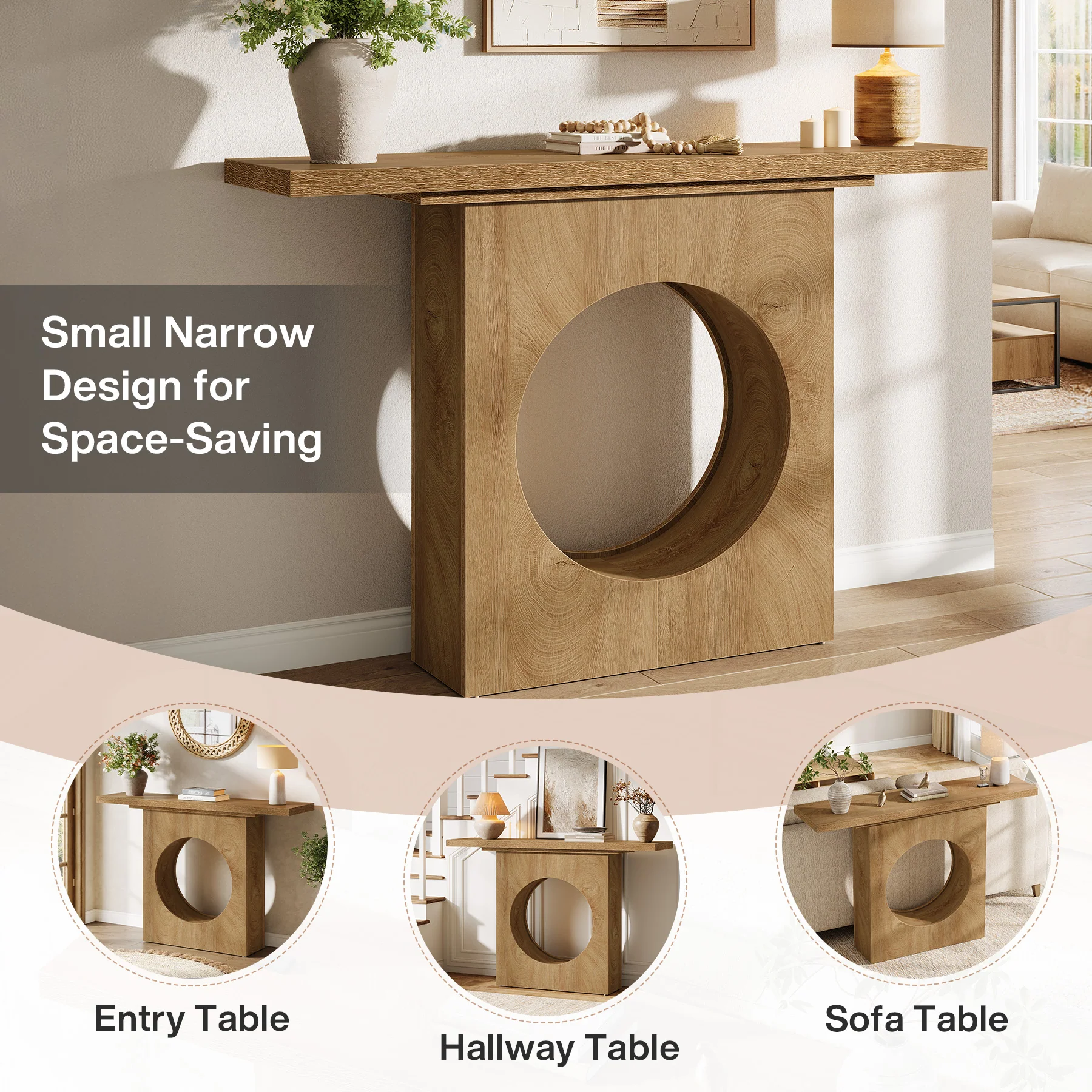 41.3" Narrow Farmhouse Console Table with Round Cutout Design, Slim Entryway Sofa Table - Image 9
