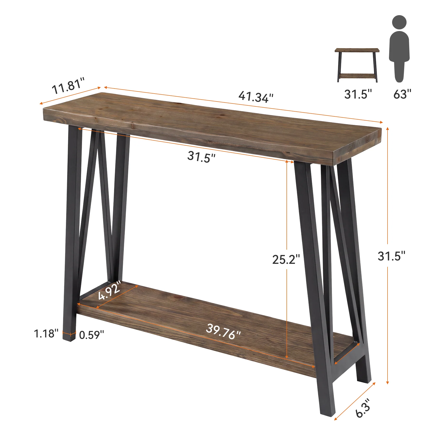 41.3" Live-Edge Solid Wood Console Table, 2-Tier Entryway Table with Metal Frame - Image 2