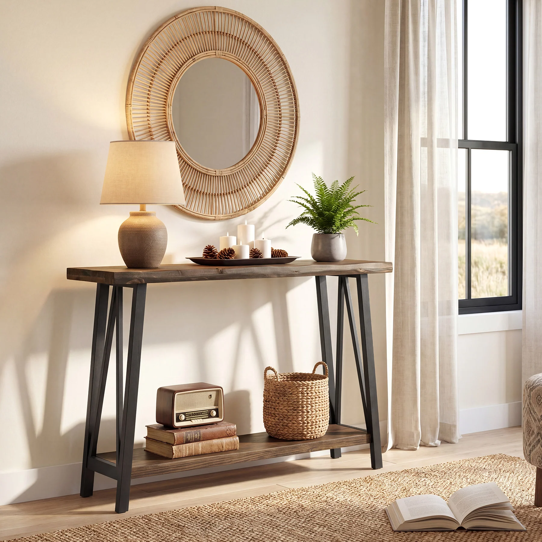 41.3" Live-Edge Solid Wood Console Table, 2-Tier Entryway Table with Metal Frame - Image 3