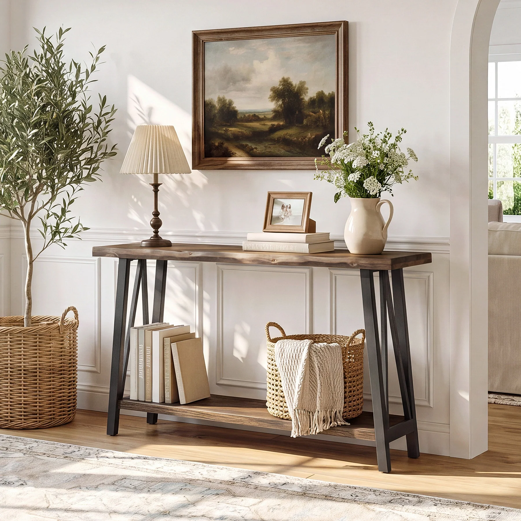 41.3" Live-Edge Solid Wood Console Table, 2-Tier Entryway Table with Metal Frame - Image 4