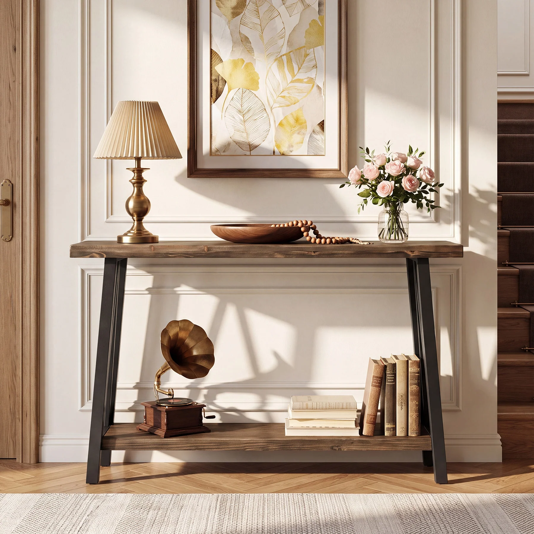 41.3" Live-Edge Solid Wood Console Table, 2-Tier Entryway Table with Metal Frame - Image 5