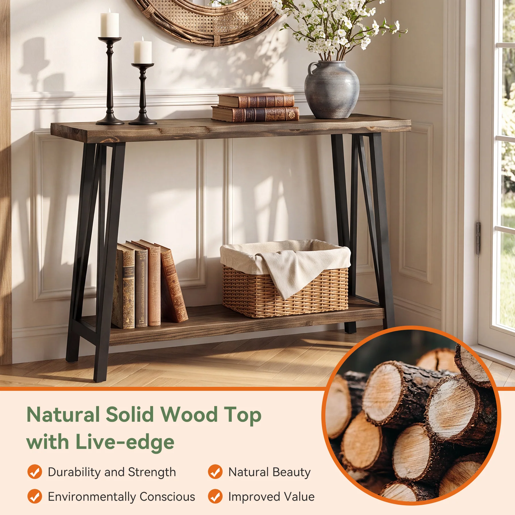 41.3" Live-Edge Solid Wood Console Table, 2-Tier Entryway Table with Metal Frame - Image 6