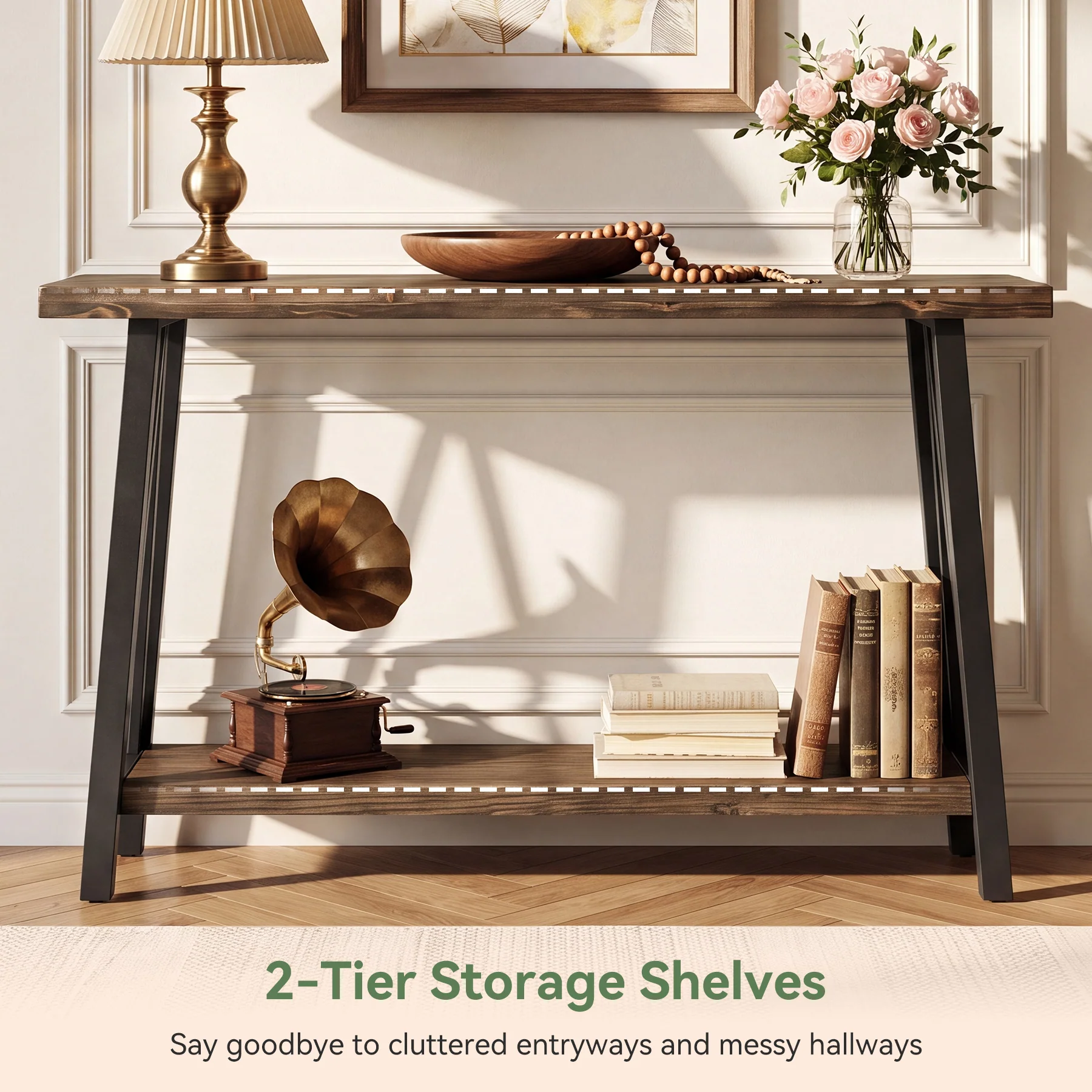 41.3" Live-Edge Solid Wood Console Table, 2-Tier Entryway Table with Metal Frame - Image 7